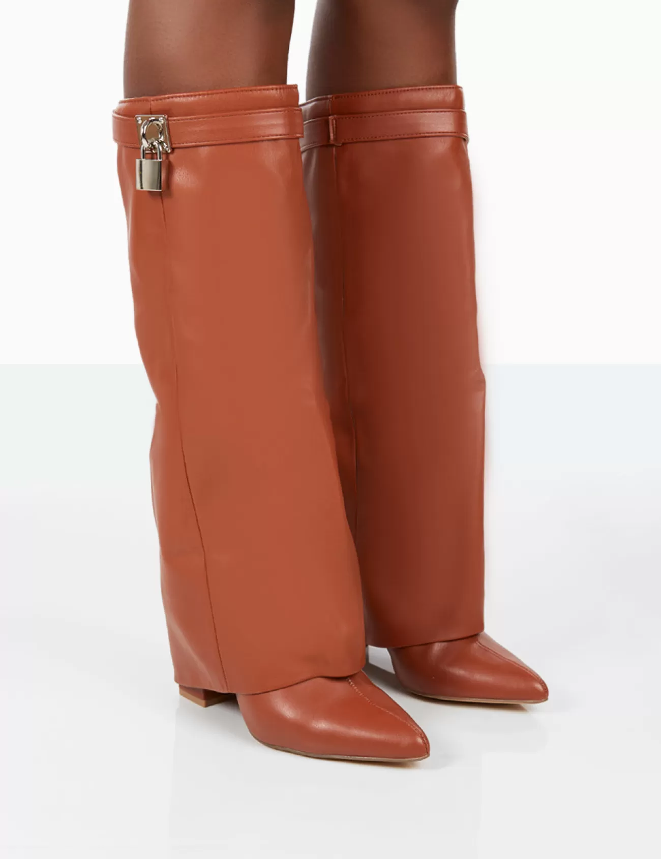 Public Desire Echo Grain Pu Pointed Toe Knee High Block Boots Tan Best