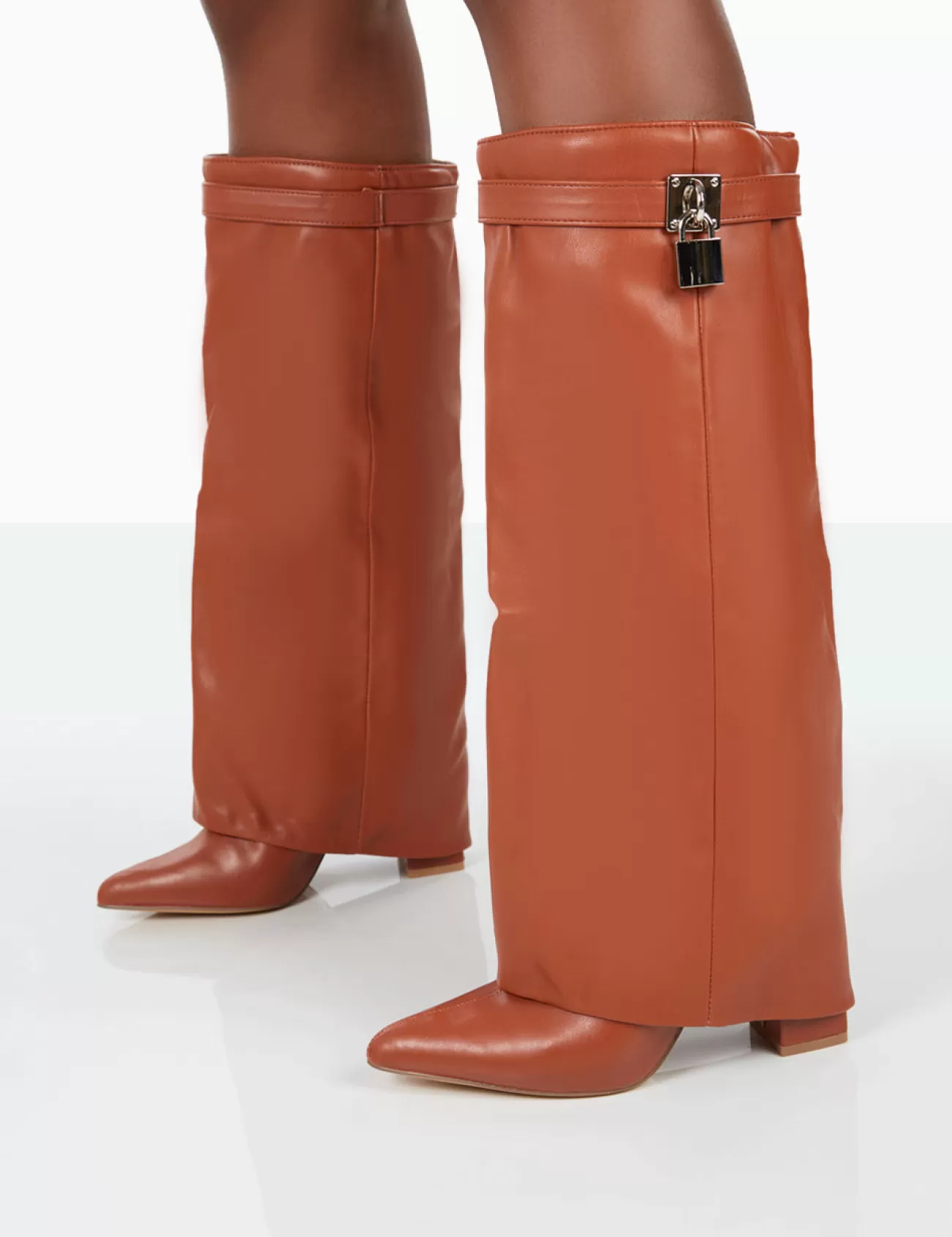 Public Desire Echo Grain Pu Pointed Toe Knee High Block Boots Tan Best