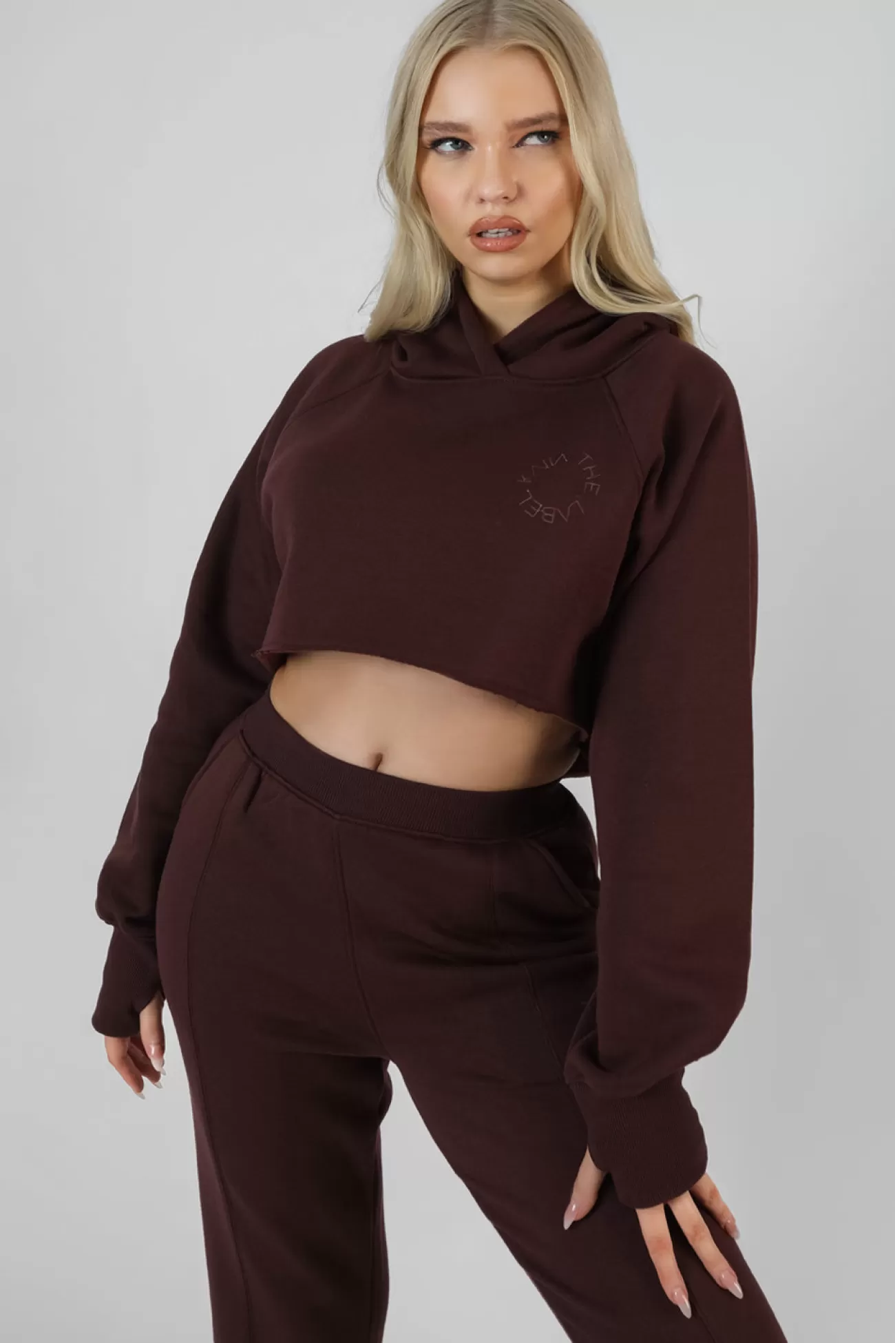 Public Desire Embroidered Cropped Hoodie Dark Brown Hot