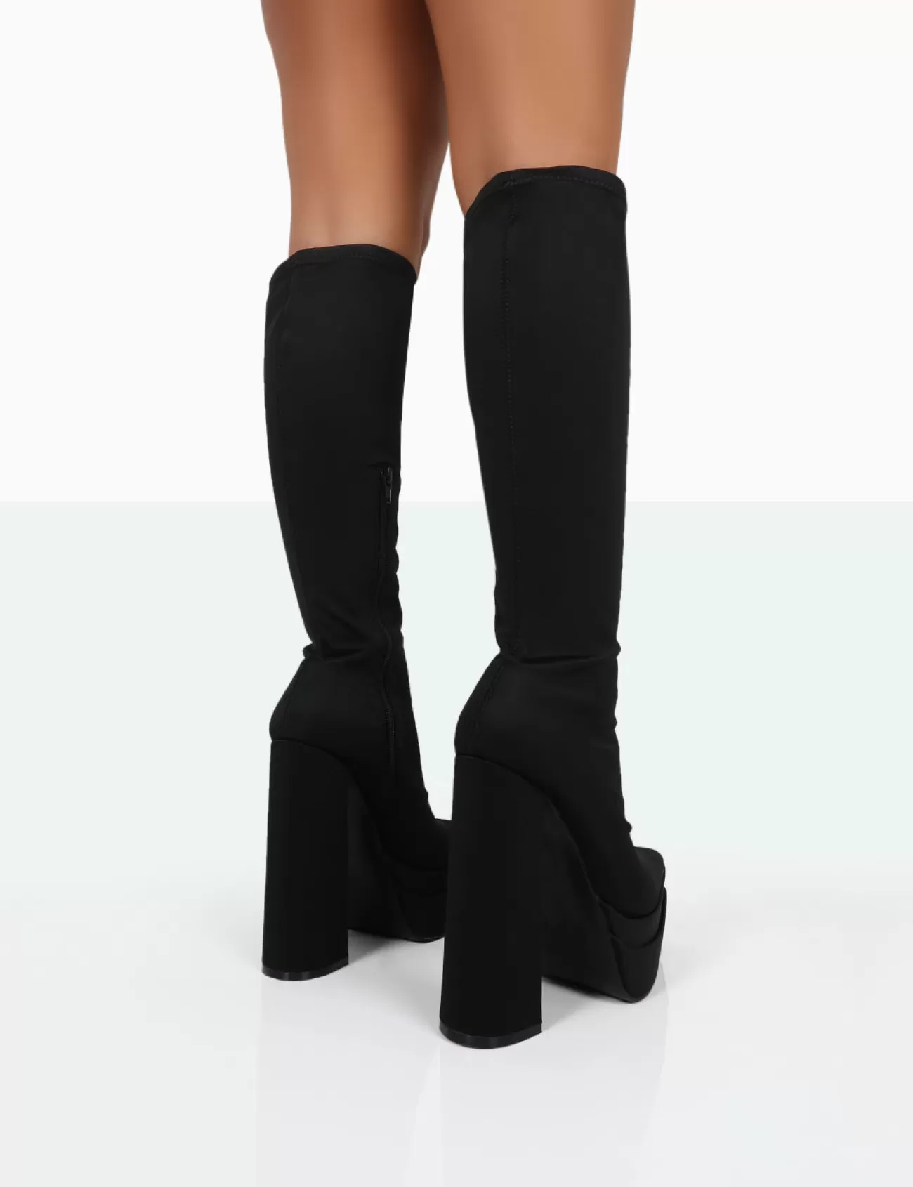 Public Desire End Game Lycra Platform Pointed Toe Block Heel Knee High Boots Black Best Sale