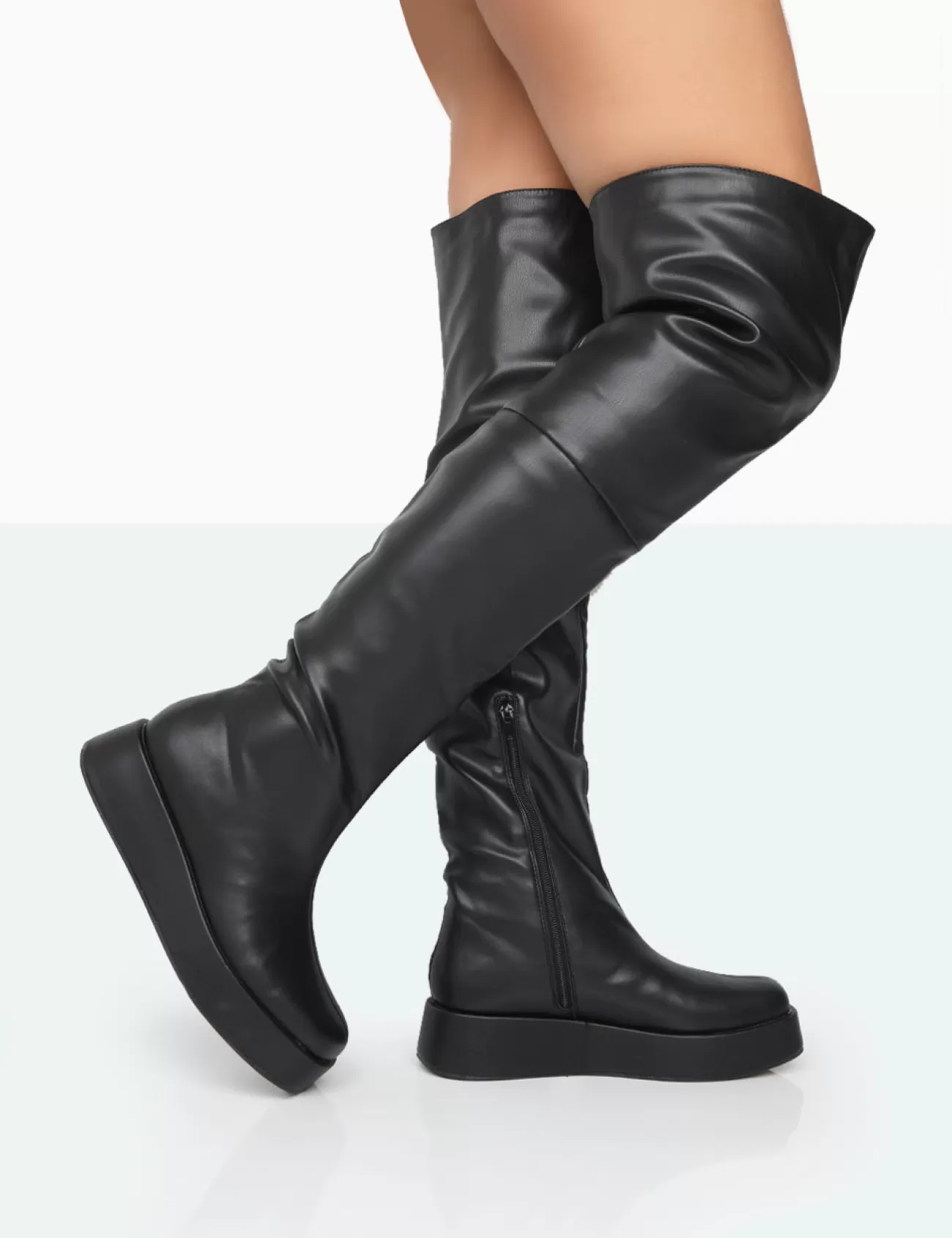 Public Desire Erica Black Pu Chunky Platform Over The Knee Boots Bone Outlet
