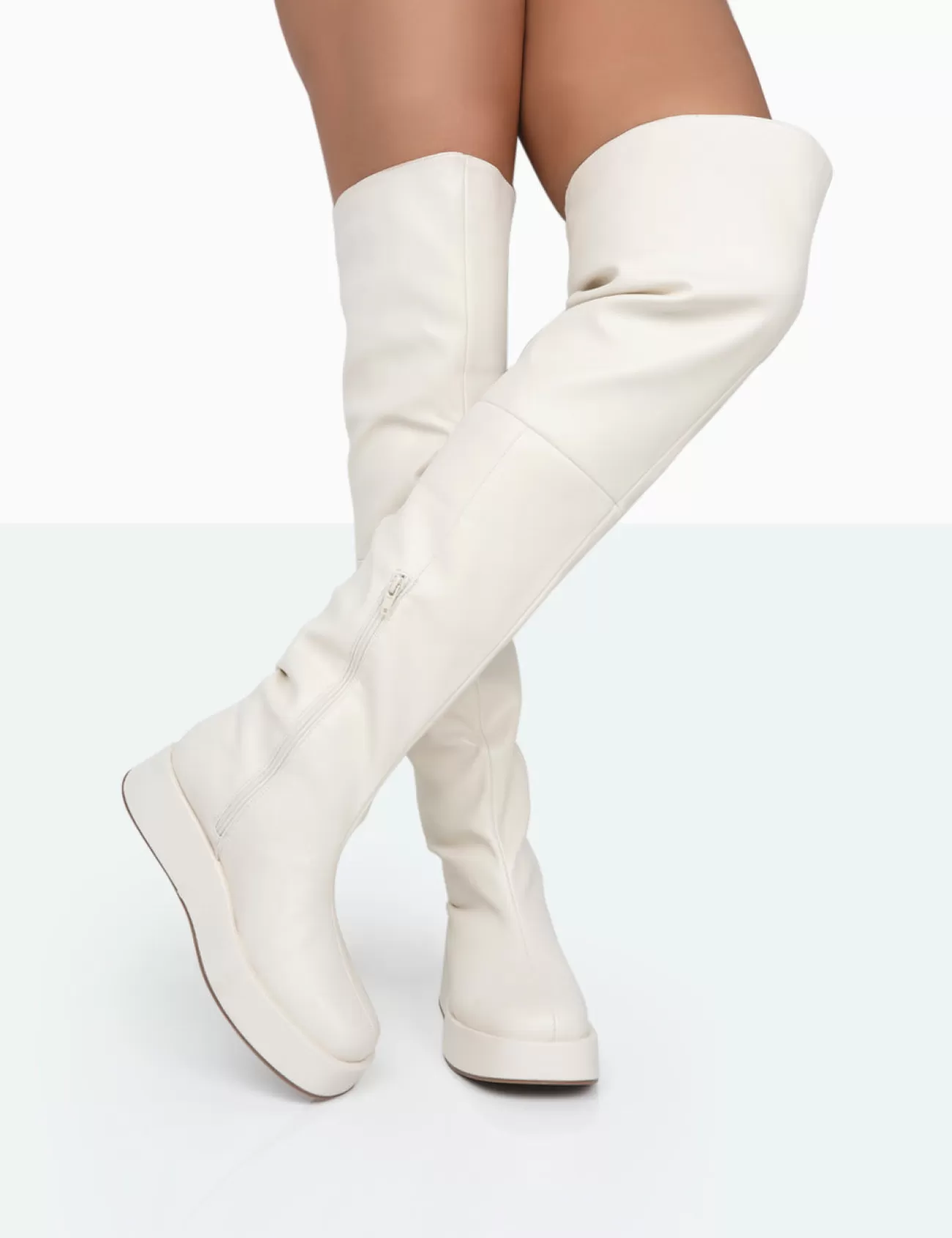 Public Desire Erica Pu Chunky Platform Sole Over The Knee Boots Bone Store