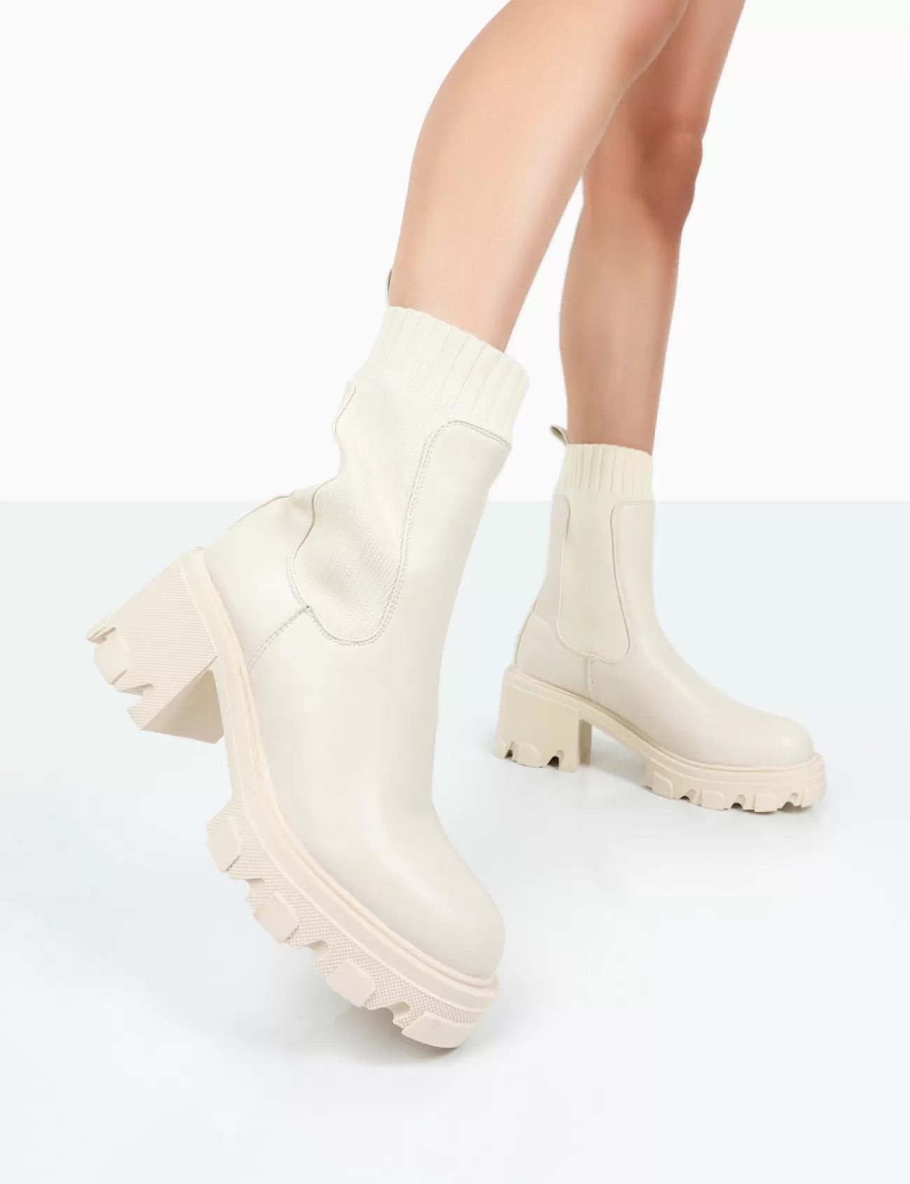 Public Desire Everdeen Pu And Knit Chunky Heeled Platform Sock Ankle Boots Ecru Cheap