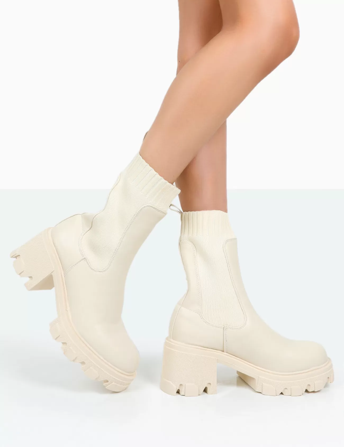 Public Desire Everdeen Pu And Knit Chunky Heeled Platform Sock Ankle Boots Ecru Cheap