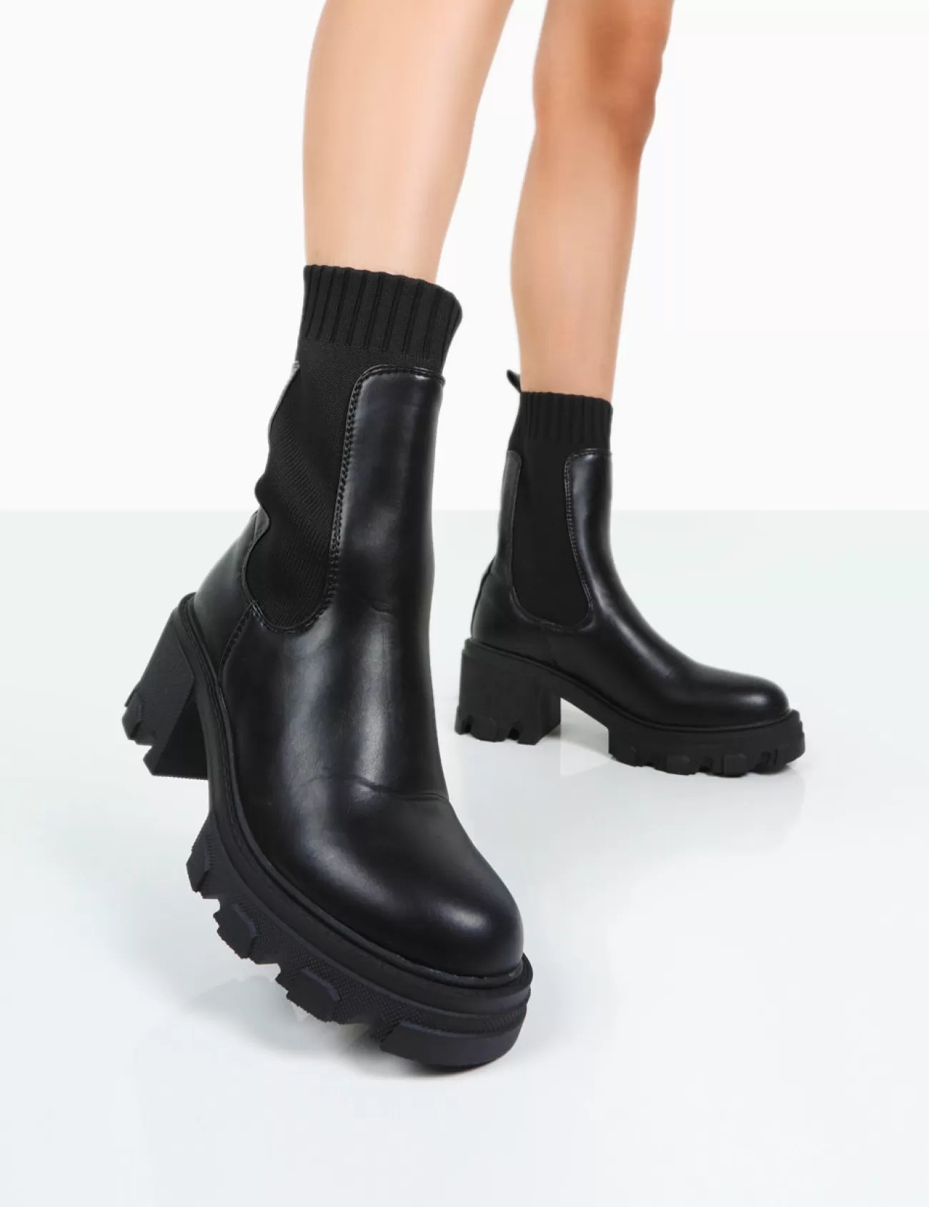 Public Desire Everdeen Pu And Knit Chunky Heeled Platform Sock Ankle Boots Black Hot