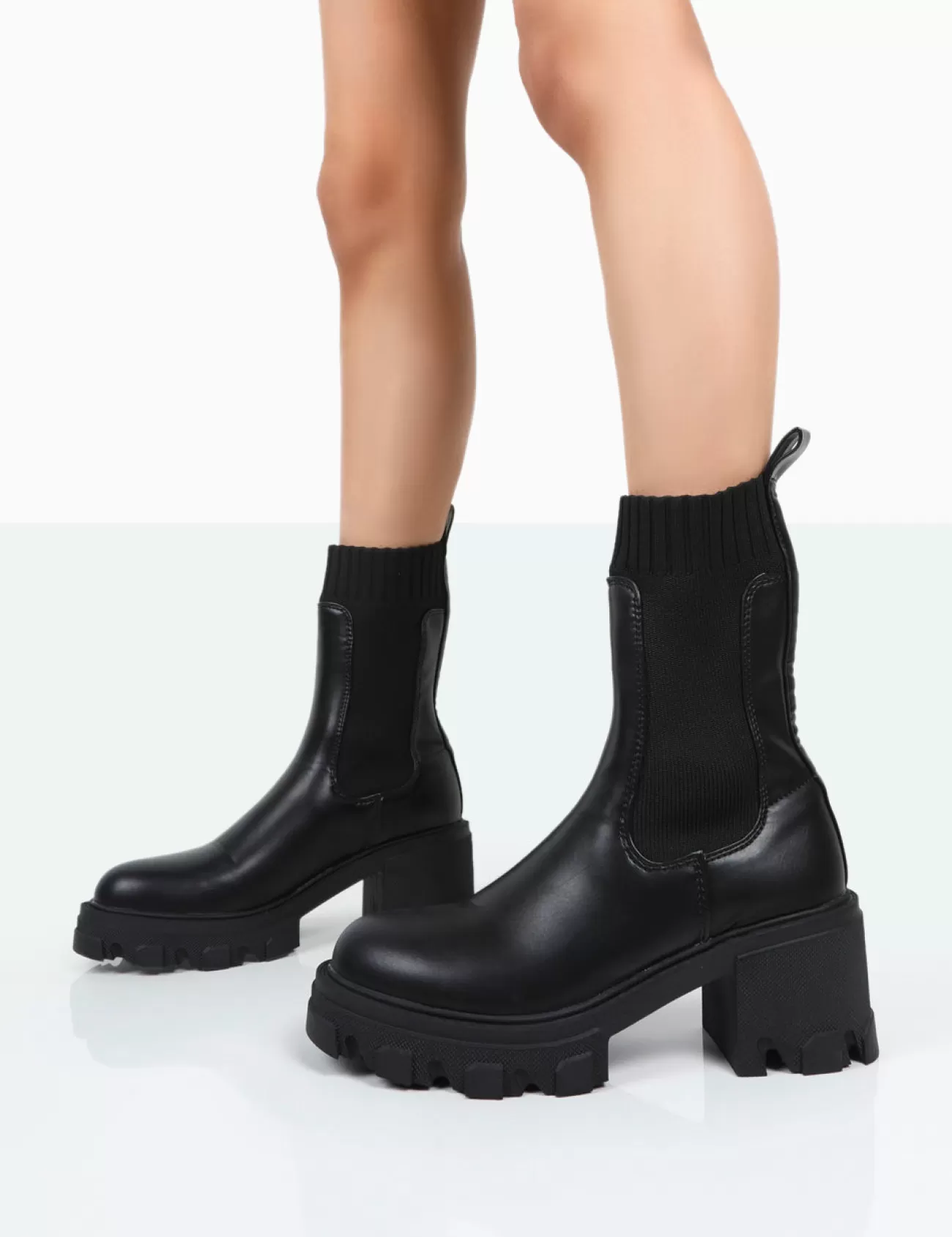 Public Desire Everdeen Pu And Knit Chunky Heeled Platform Sock Ankle Boots Black Hot