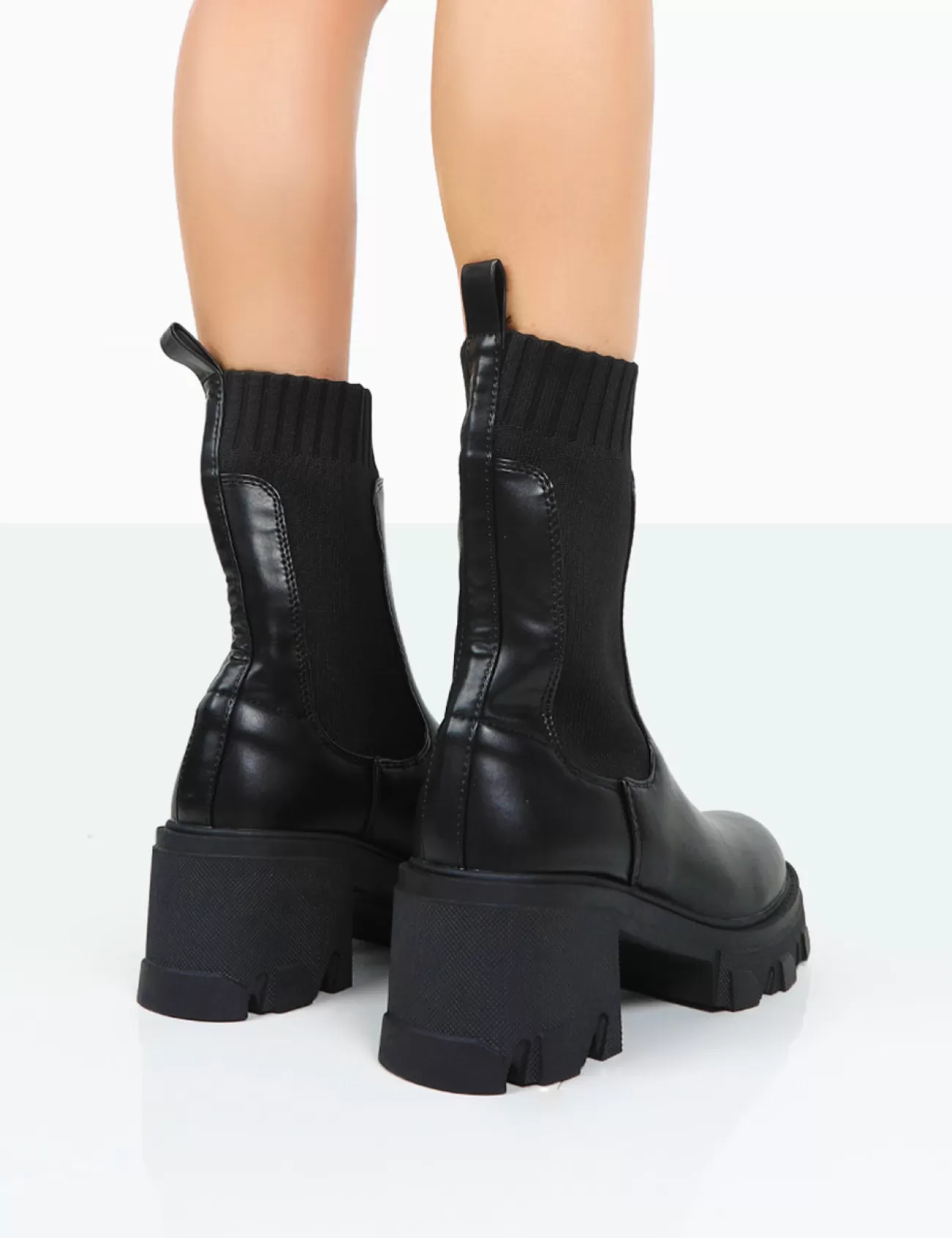 Public Desire Everdeen Pu And Knit Chunky Heeled Platform Sock Ankle Boots Black Hot