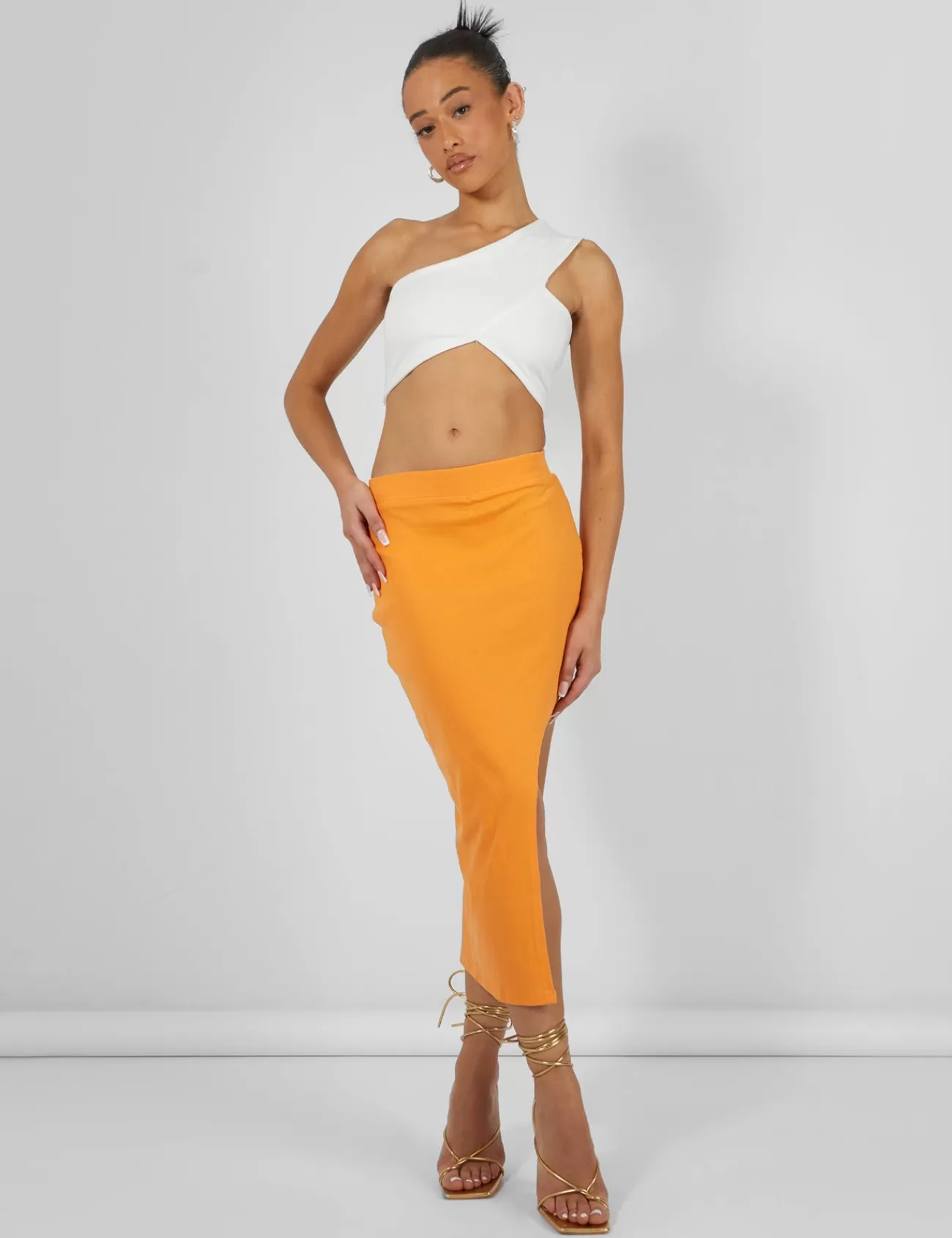 Public Desire Extreme Split Ribbed Midi Skirt Mango Hot