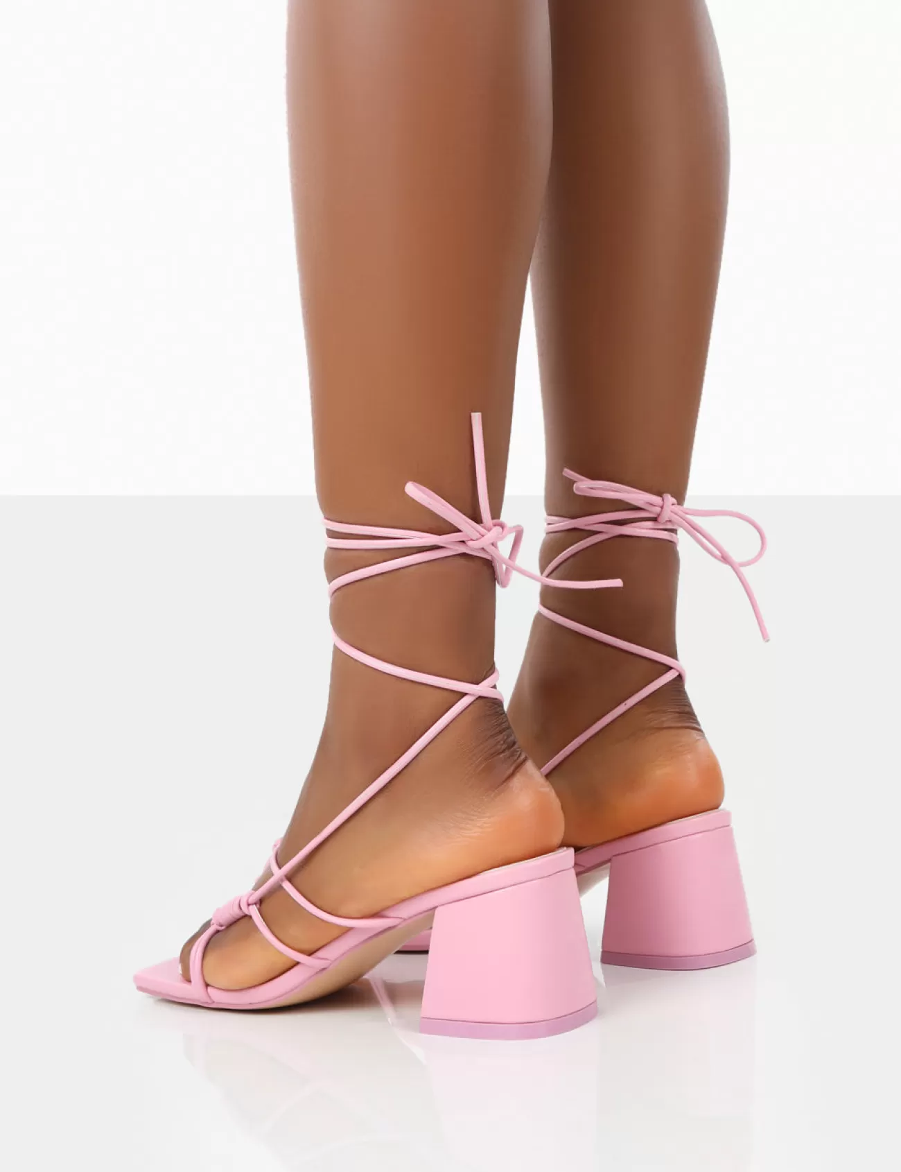 Public Desire Fanatic Baby Pu Square Toe Lace Up Block Mid Heeled Sandals Pink Outlet