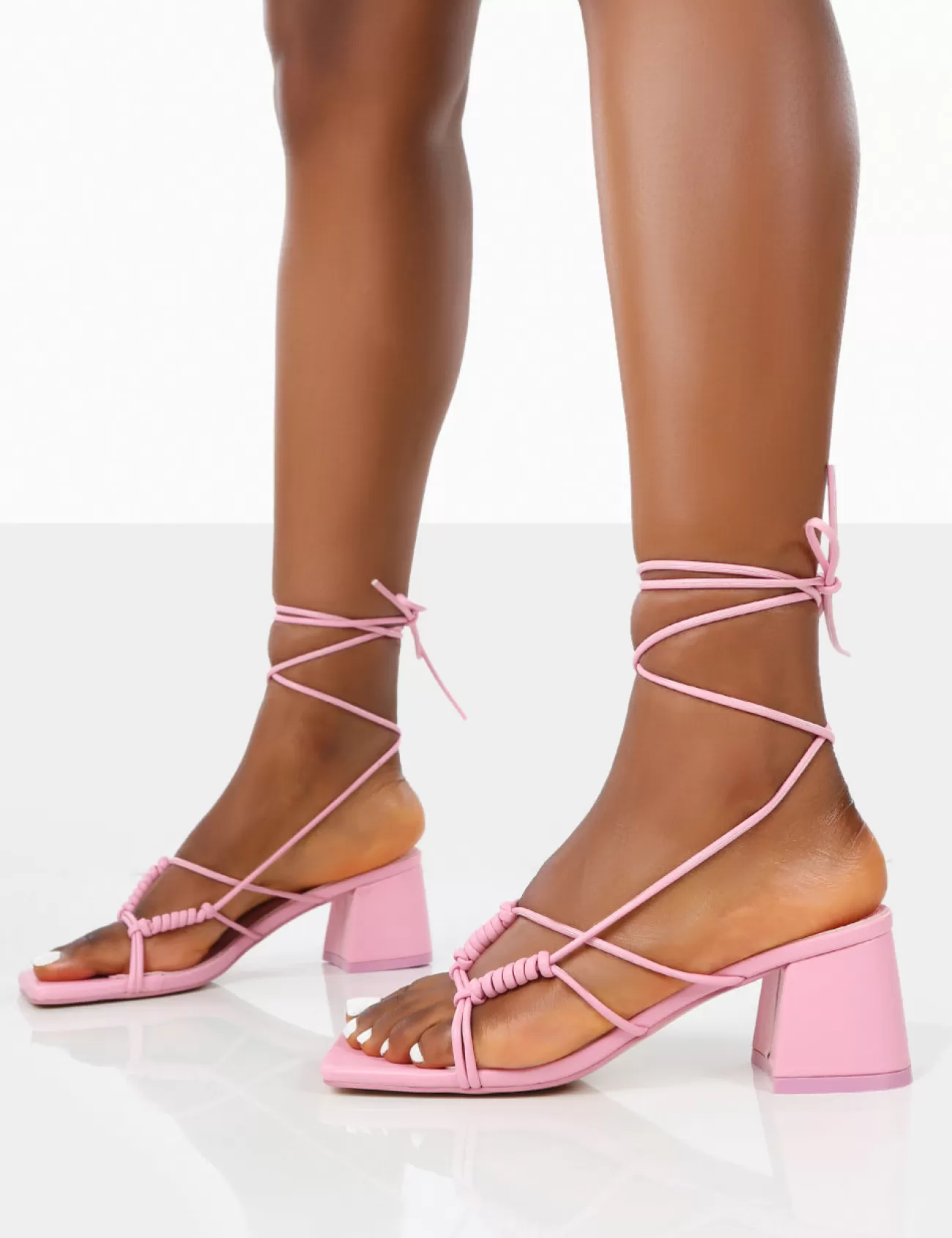 Public Desire Fanatic Baby Pu Square Toe Lace Up Block Mid Heeled Sandals Pink Outlet