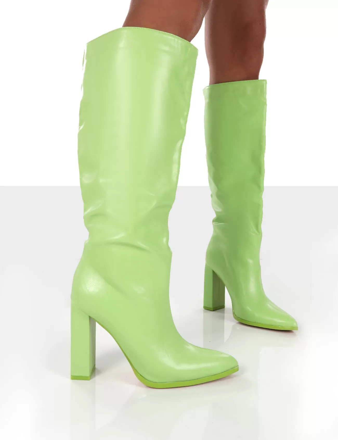 Public Desire Far Away Grain Pu Square Toe Knee High Block Boots Lime Cheap