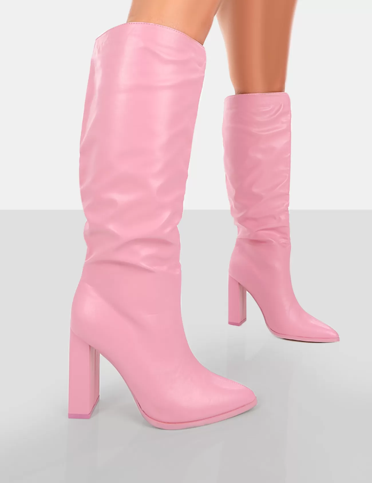 Public Desire Far Away Grain Pu Square Toe Knee High Block Boots Pink Cheap