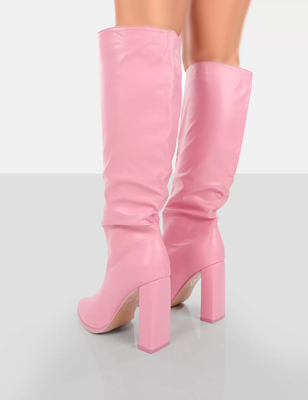 Public Desire Far Away Grain Pu Square Toe Knee High Block Boots Pink Cheap