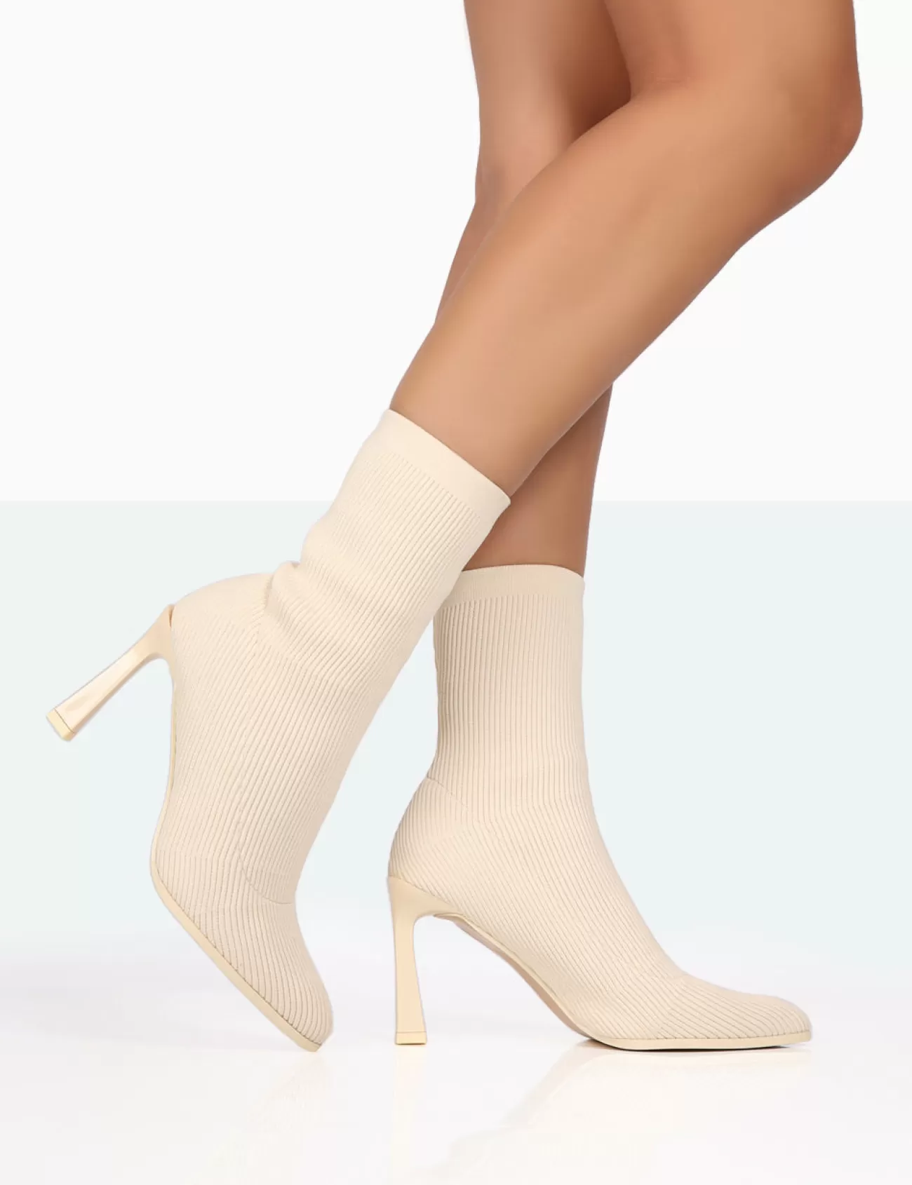 Public Desire Farah Knitted Pointed Toe Stiletto Heel Ankle Sock Boots Ecru New