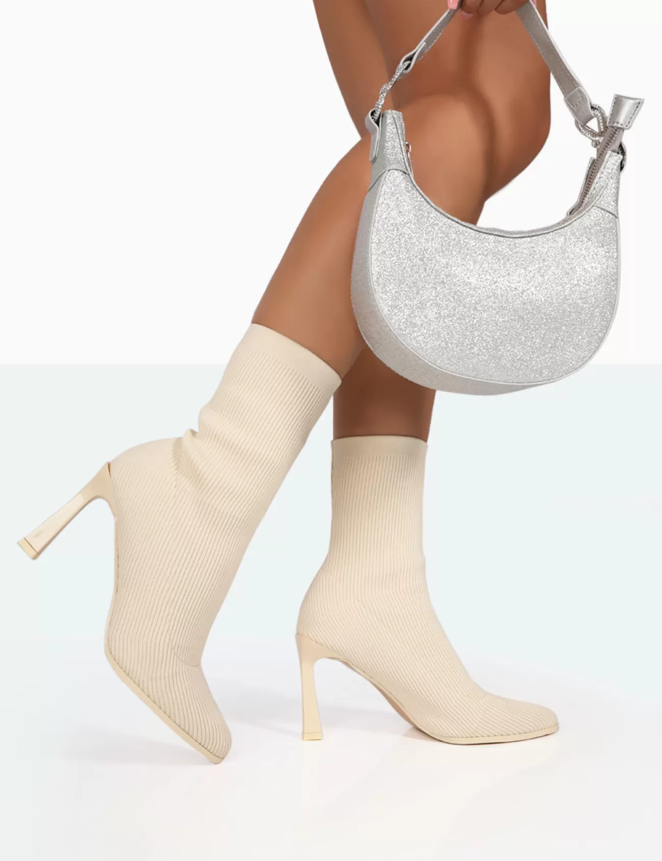 Public Desire Farah Knitted Pointed Toe Stiletto Heel Ankle Sock Boots Ecru New