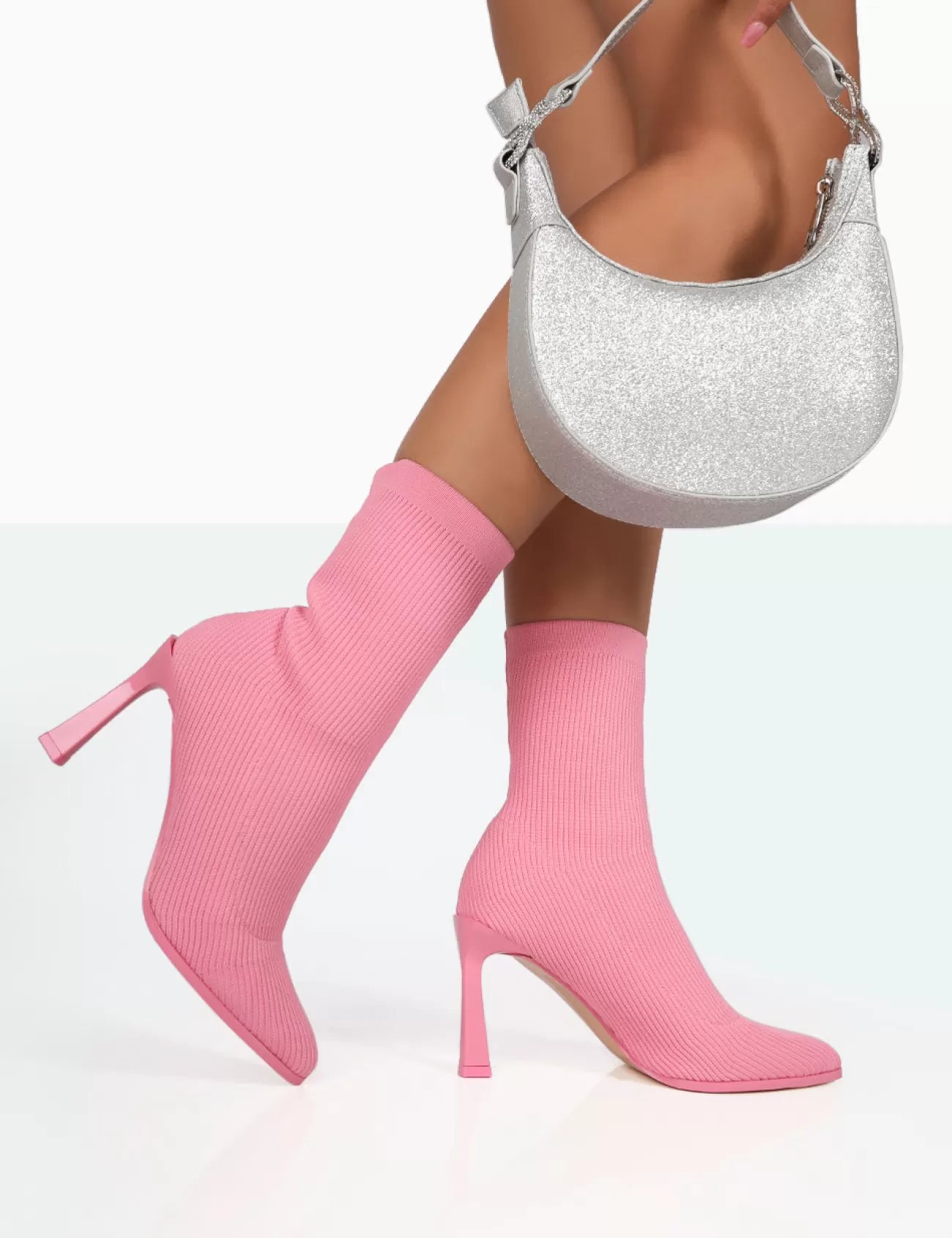 Public Desire Farah Knitted Pointed Toe Stiletto Heel Ankle Sock Boots Pink Store