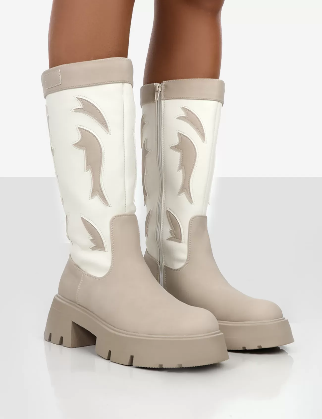 Public Desire Fly Away Pu Round Toe Western Cowboy Platform Chunky Soleknee High Boots Ecru Discount