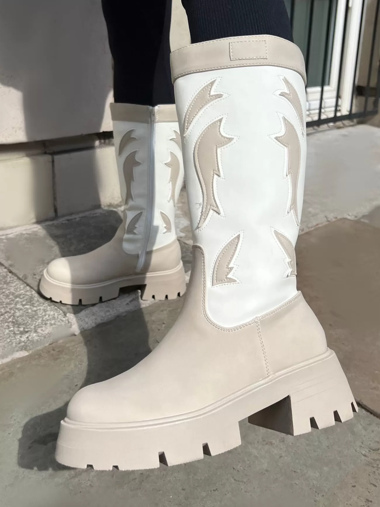 Public Desire Fly Away Pu Round Toe Western Cowboy Platform Chunky Soleknee High Boots Ecru Discount