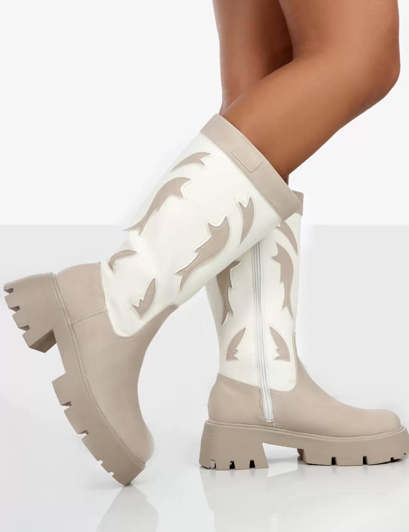 Public Desire Fly Away Pu Round Toe Western Cowboy Platform Chunky Soleknee High Boots Ecru Discount