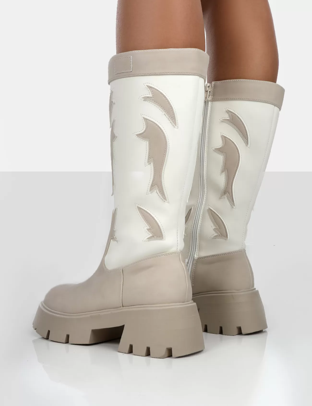 Public Desire Fly Away Pu Round Toe Western Cowboy Platform Chunky Soleknee High Boots Ecru Discount