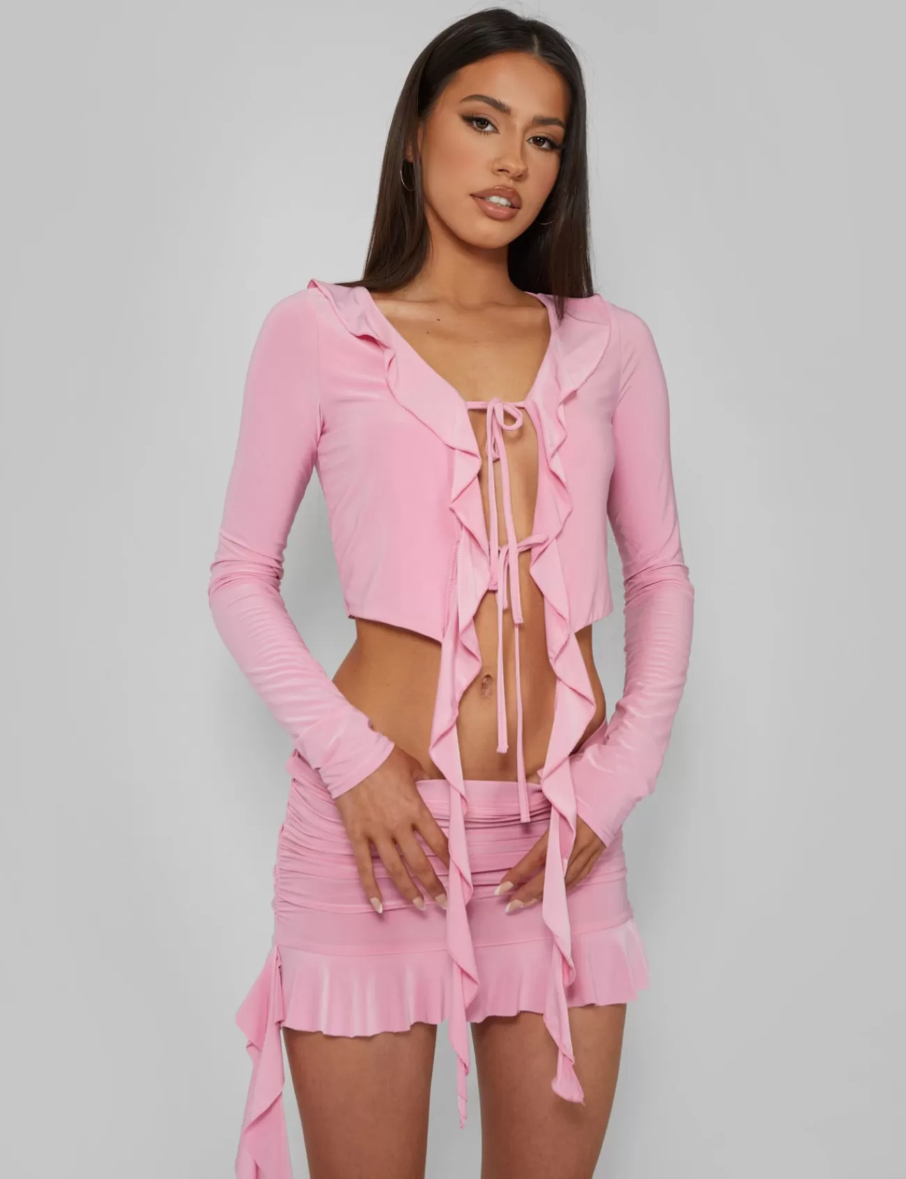 Public Desire Frill Detail Tie Front Cardigan Top Baby Pink Outlet