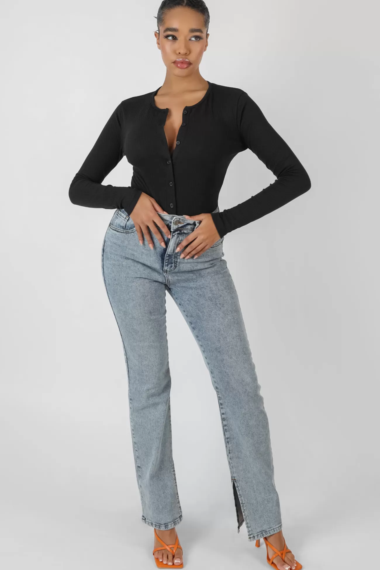 Public Desire Front Button Long Sleeve Ribbed Bodysuit Black Discount