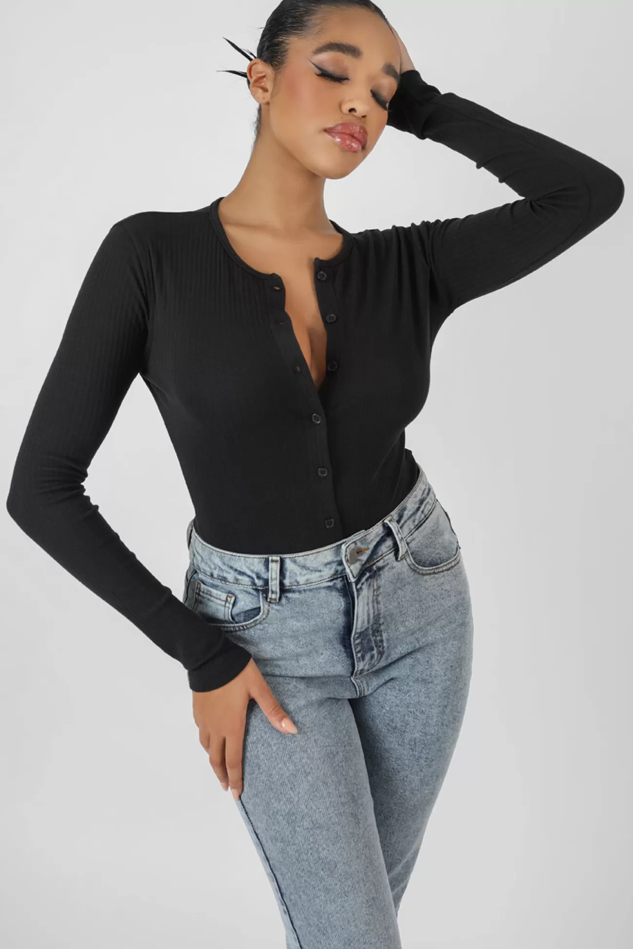 Public Desire Front Button Long Sleeve Ribbed Bodysuit Black Discount