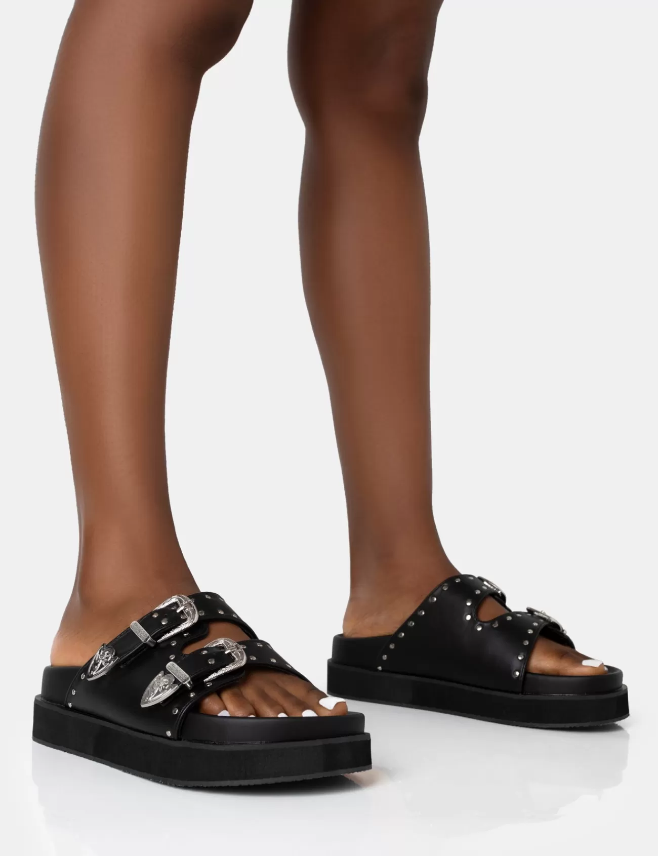 Public Desire Frontier Pu Western Style Double Strap Slider Sandals Black Flash Sale