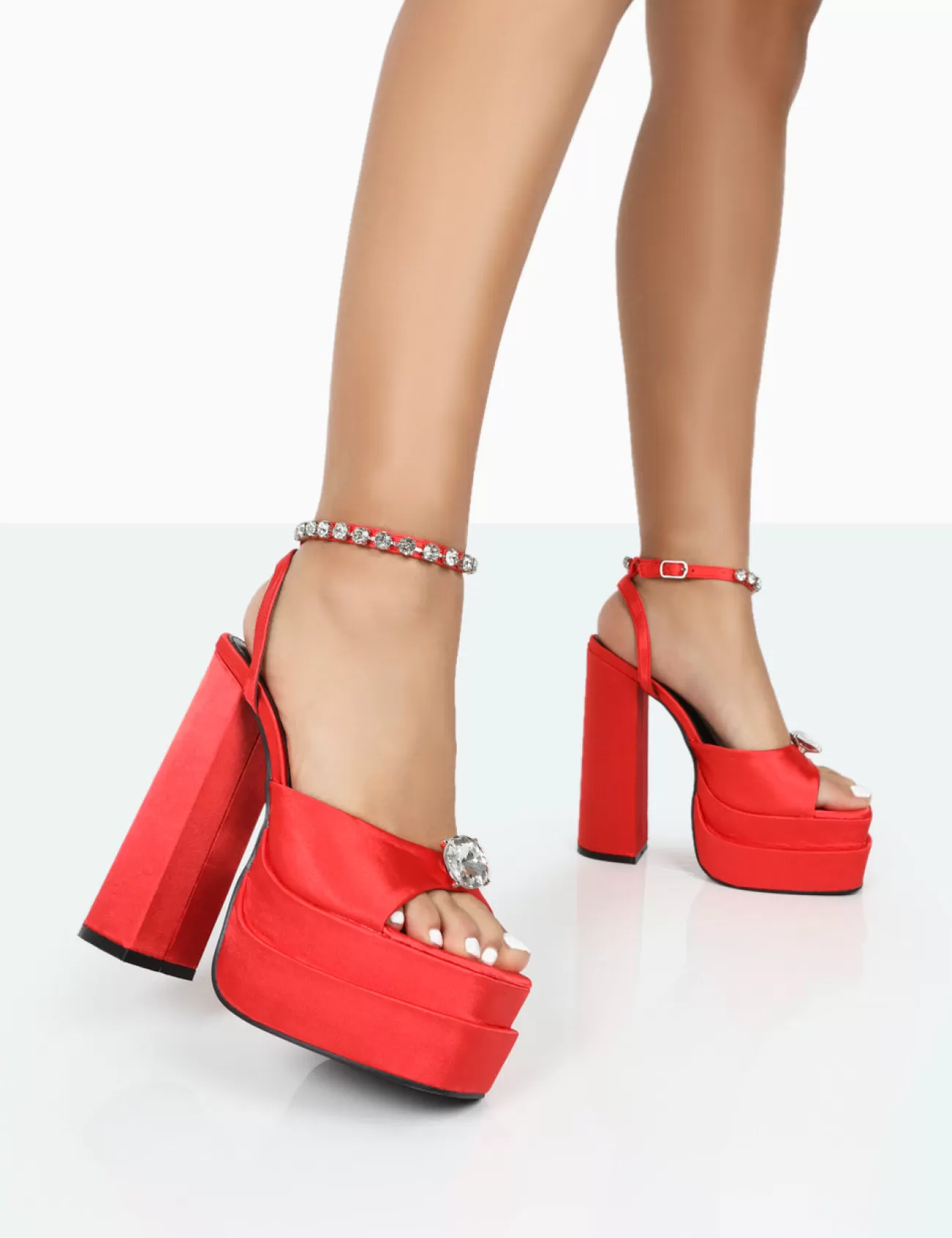 Public Desire Frozen Satin Sparkly Diamante Strap Open Toe Block Platform Heels Red Shop