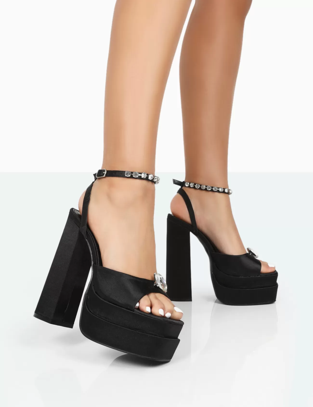 Public Desire Frozen Satin Sparkly Diamante Strap Open Toe Block Platform Heels Black Fashion