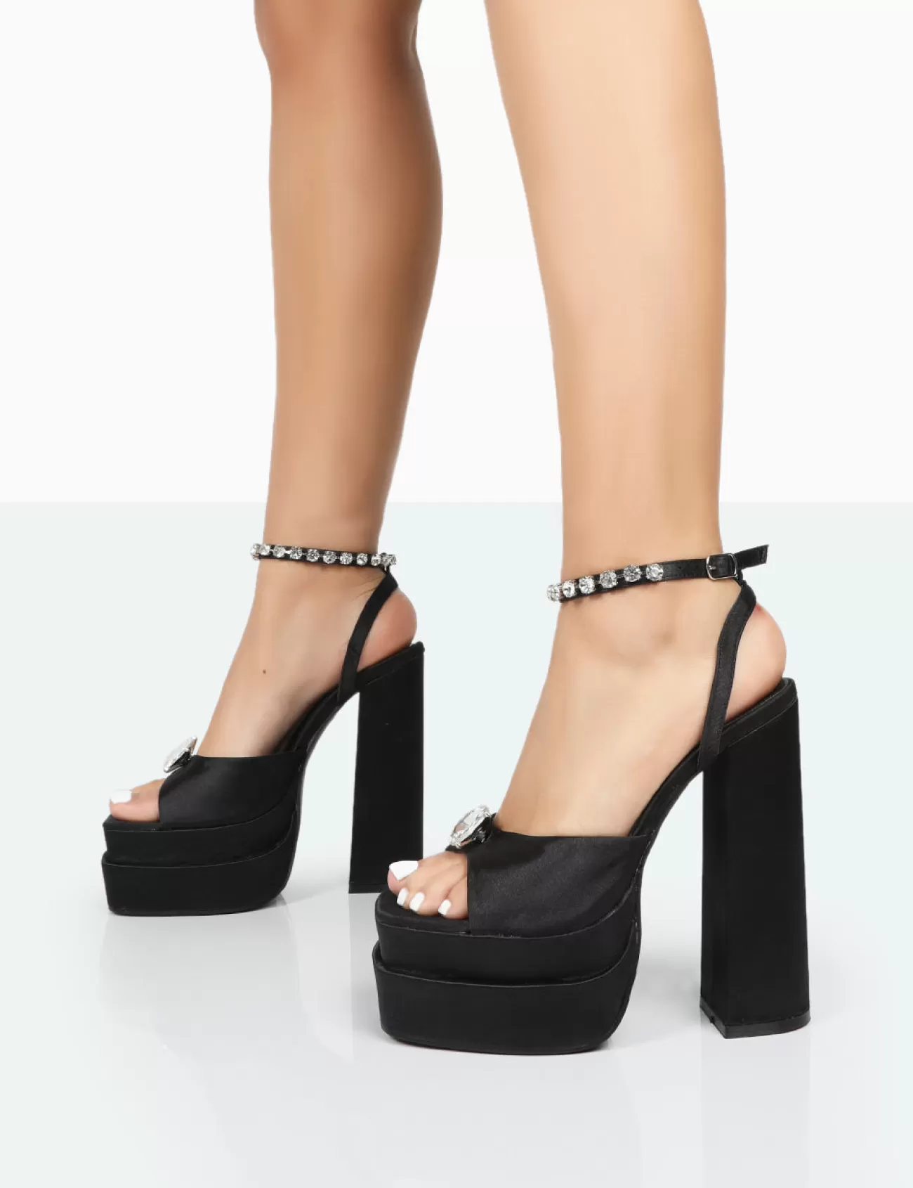 Public Desire Frozen Satin Sparkly Diamante Strap Open Toe Block Platform Heels Black Fashion