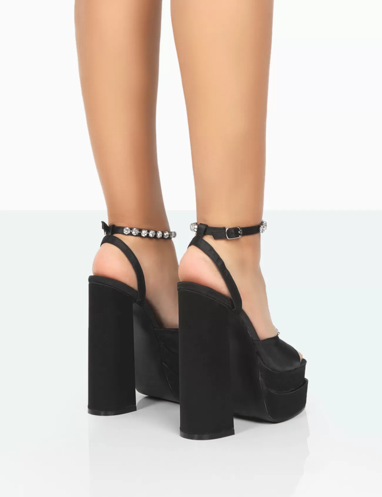 Public Desire Frozen Satin Sparkly Diamante Strap Open Toe Block Platform Heels Black Fashion