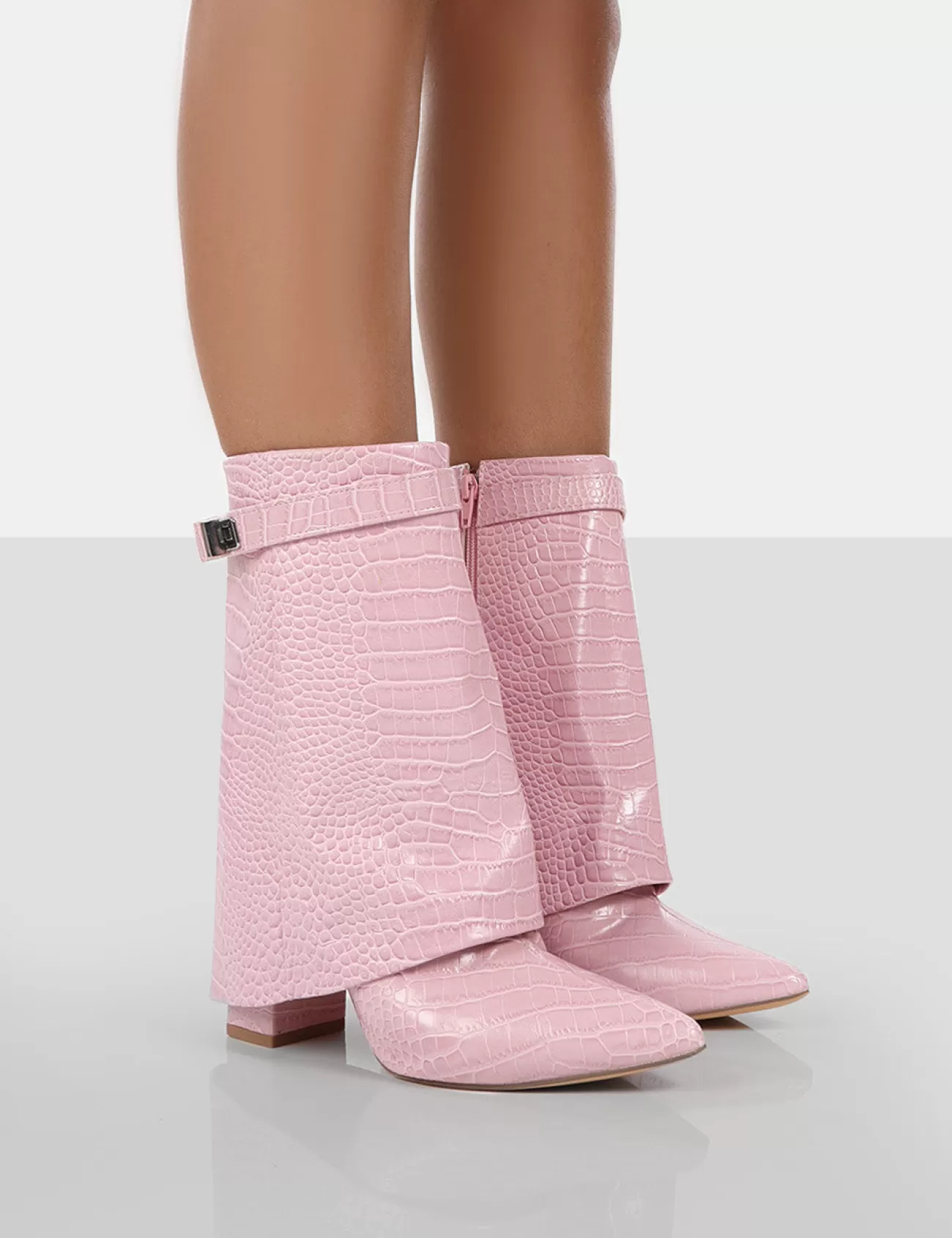 Public Desire Fyre Baby Croc Pointed Toe Block Heeled Ankle Boots Pink Store