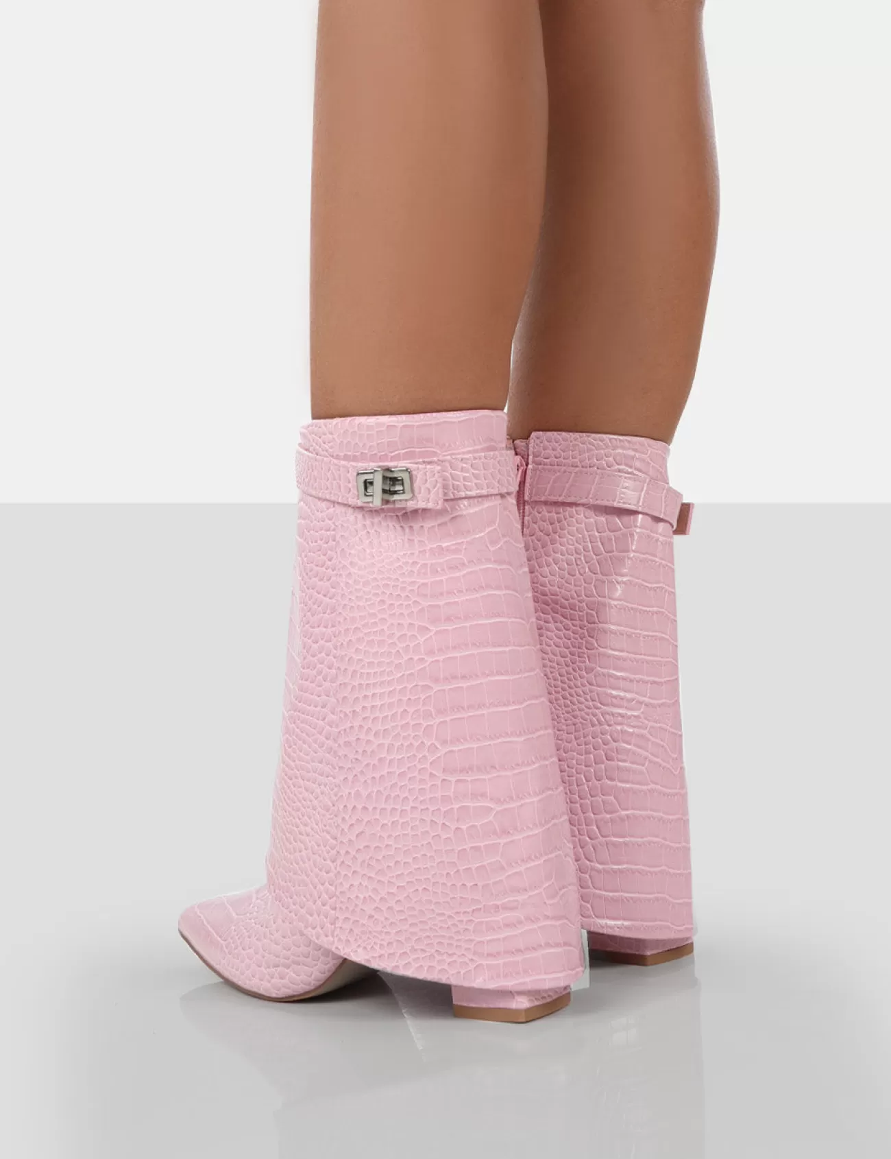 Public Desire Fyre Baby Croc Pointed Toe Block Heeled Ankle Boots Pink Store