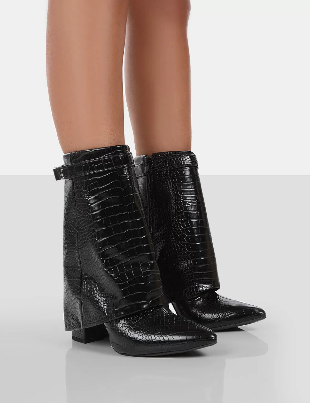 Public Desire Fyre Croc Pointed Toe Block Heeled Ankle Boots Black Discount