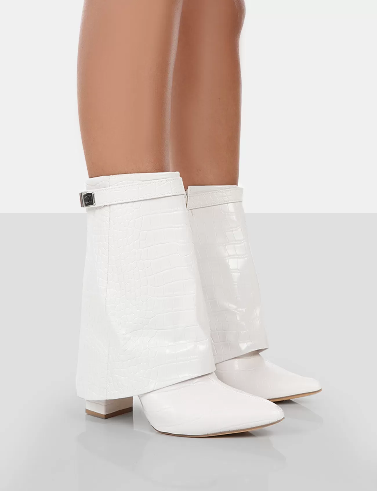 Public Desire Fyre Croc Pointed Toe Block Heeled Ankle Boots White Best Sale