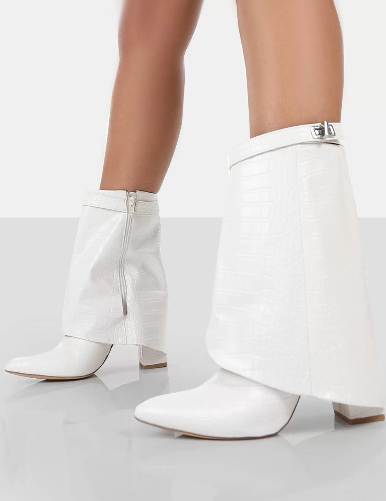 Public Desire Fyre Croc Pointed Toe Block Heeled Ankle Boots Ecru Cheap