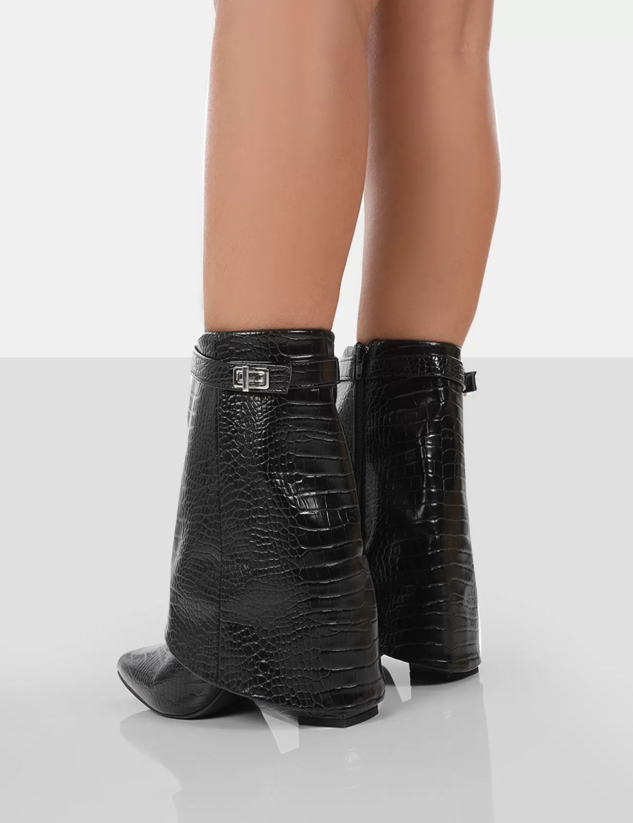 Public Desire Fyre Croc Pointed Toe Block Heeled Ankle Boots Black Discount