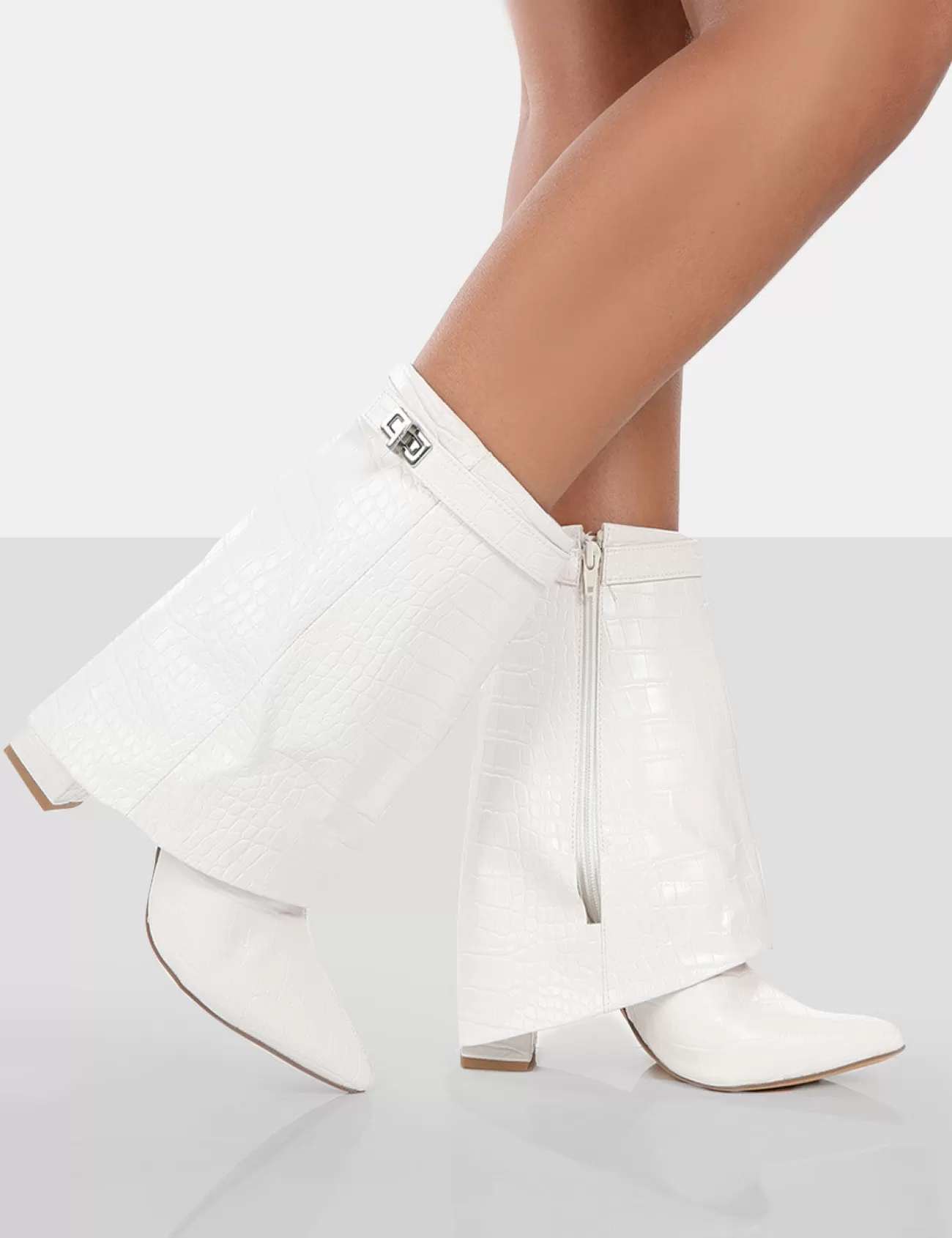 Public Desire Fyre Croc Pointed Toe Block Heeled Ankle Boots White Best Sale