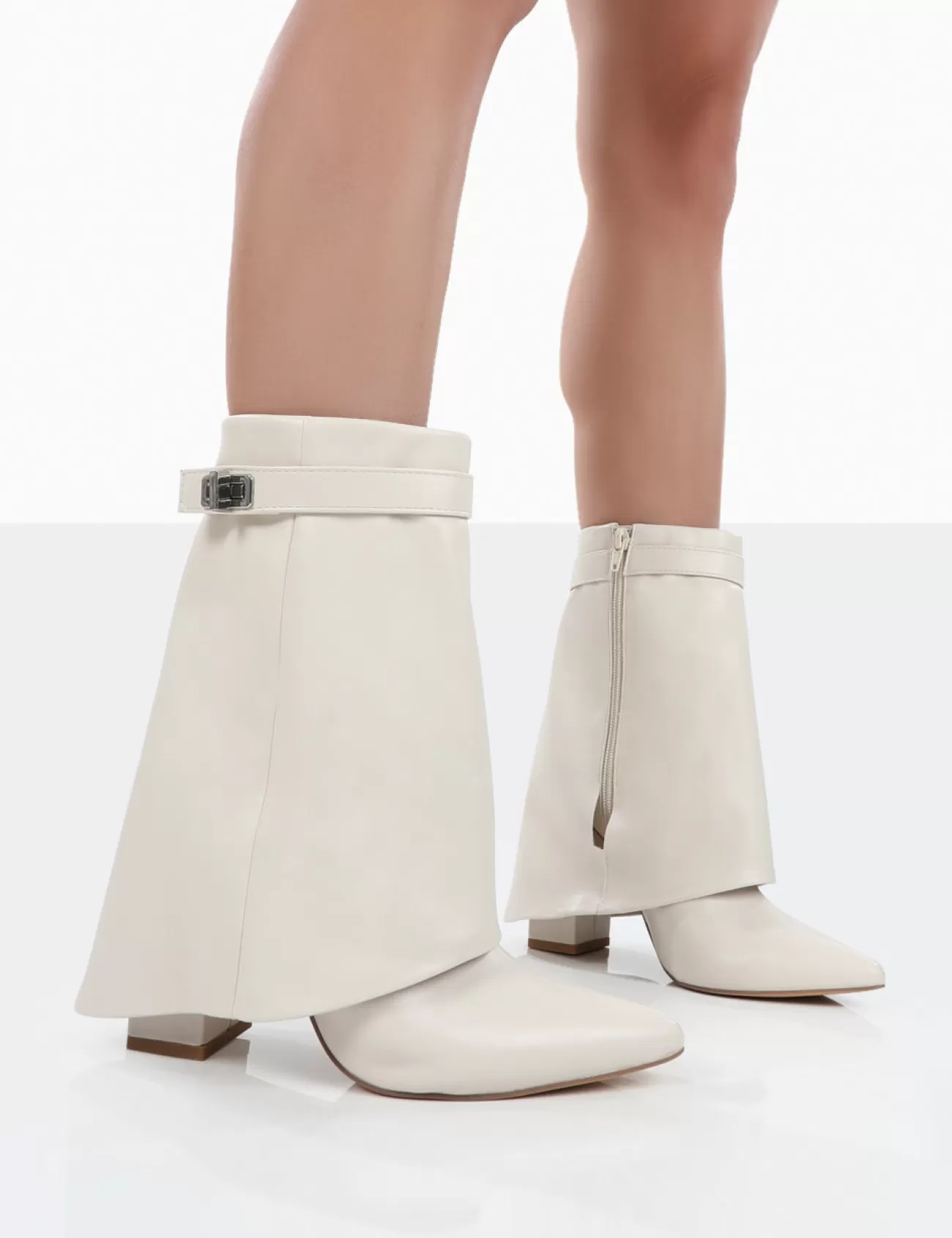Public Desire Fyre Wide Fit Pointed Toe Block Heeled Ankle Boots Ecru Outlet