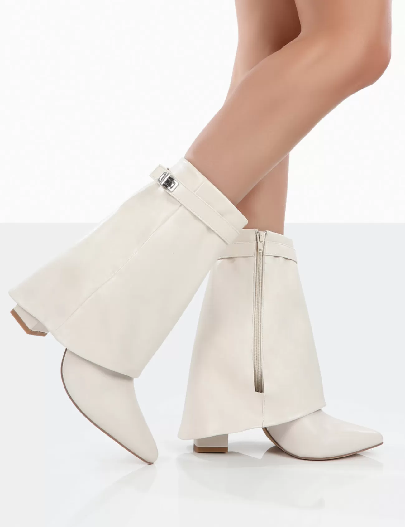 Public Desire Fyre Wide Fit Pointed Toe Block Heeled Ankle Boots Ecru Outlet