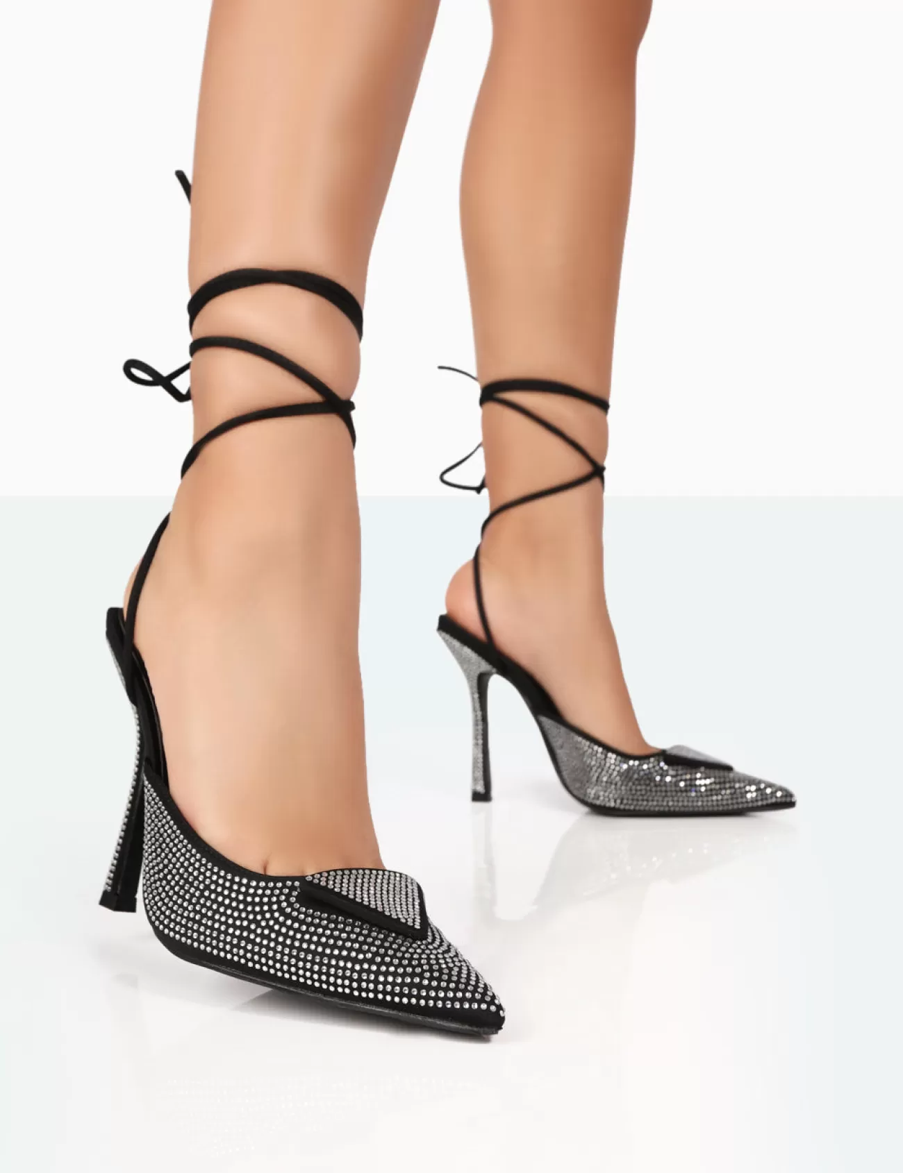 Public Desire Galaxy Sparkly Diamante Pointed Stiletto Toe Lace Up Wrap Around Heels Black Store