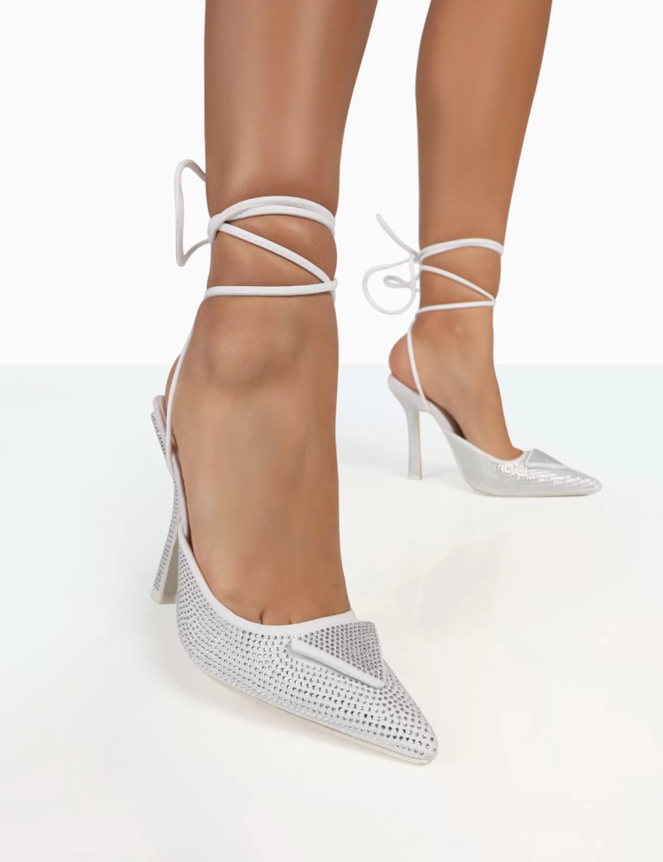 Public Desire Galaxy Sparkly Diamante Pointed Stiletto Toe Lace Up Wrap Around Heels Silver Hot