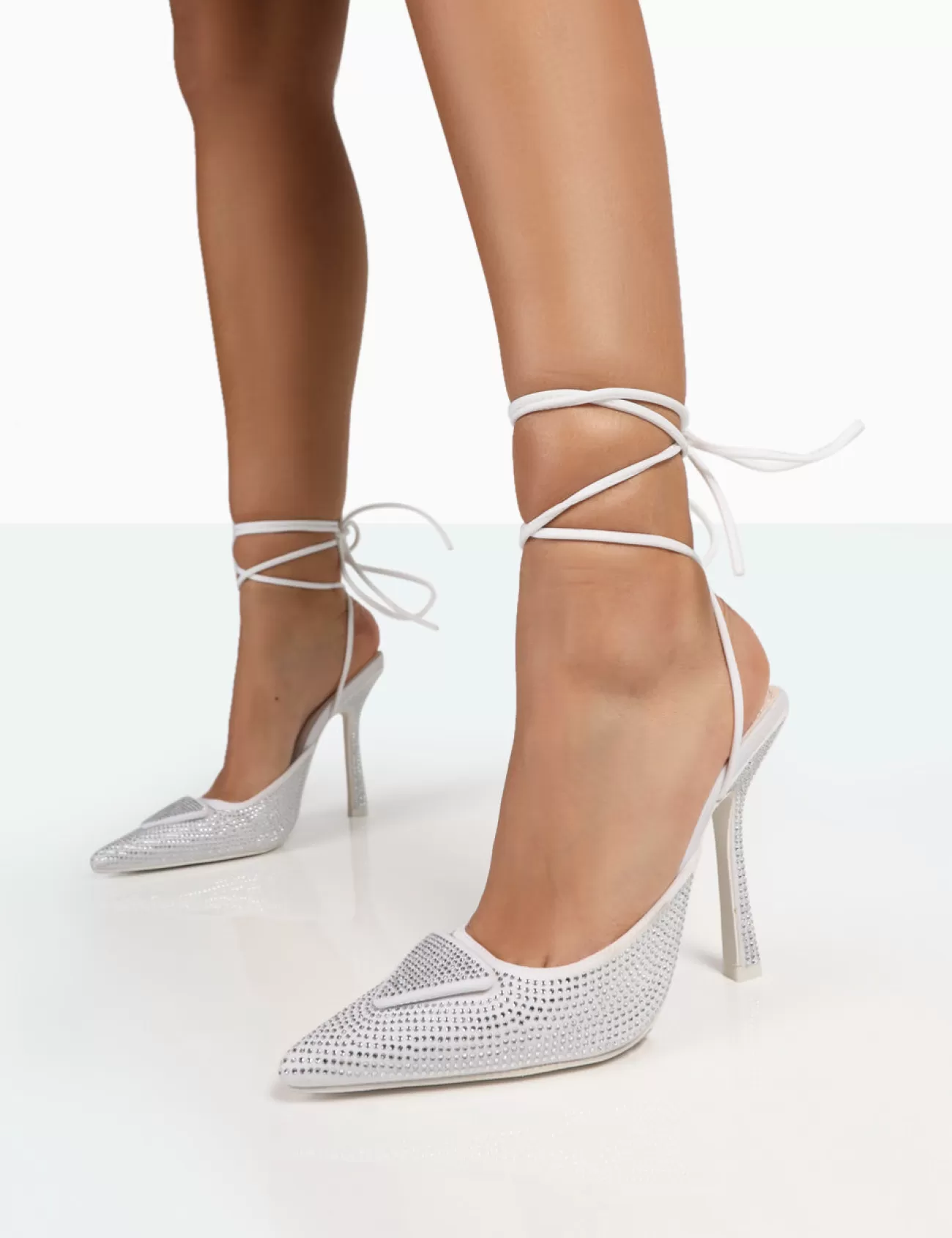 Public Desire Galaxy Sparkly Diamante Pointed Stiletto Toe Lace Up Wrap Around Heels Silver Hot