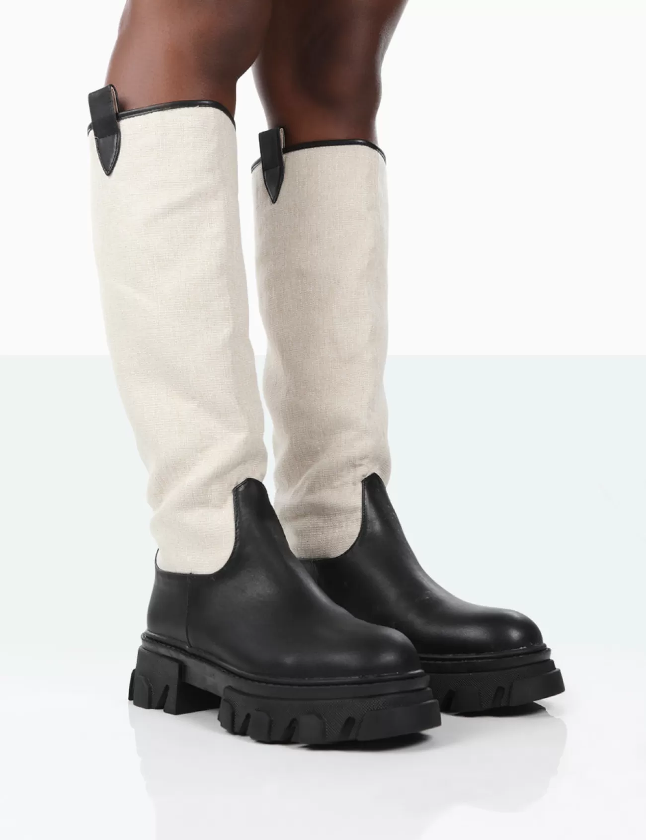 Public Desire Genius Pu Knee High Linen Platform Chunky Sole Boots Black Clearance