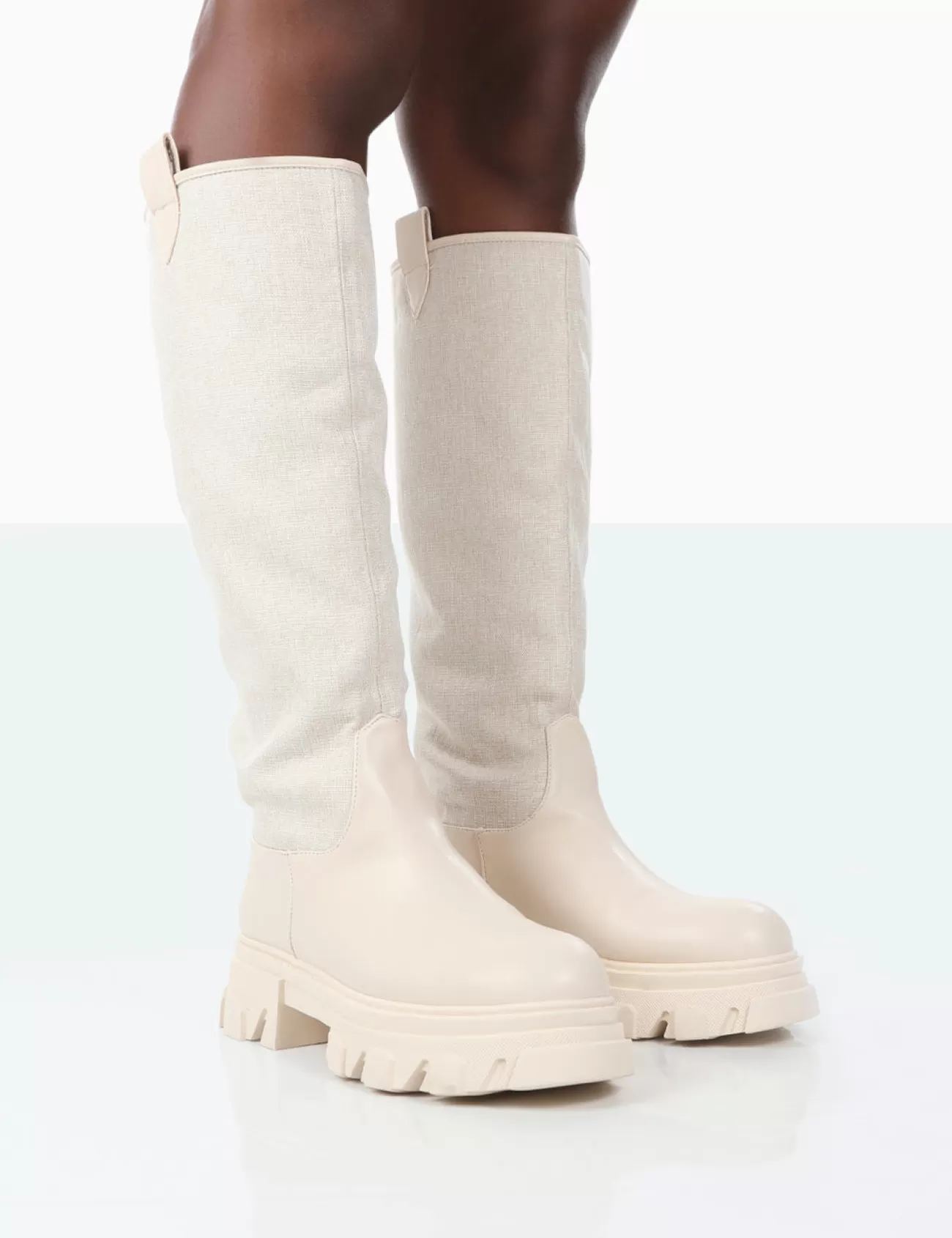 Public Desire Genius Pu Knee High Linen Platform Chunky Sole Boots Ecru Clearance