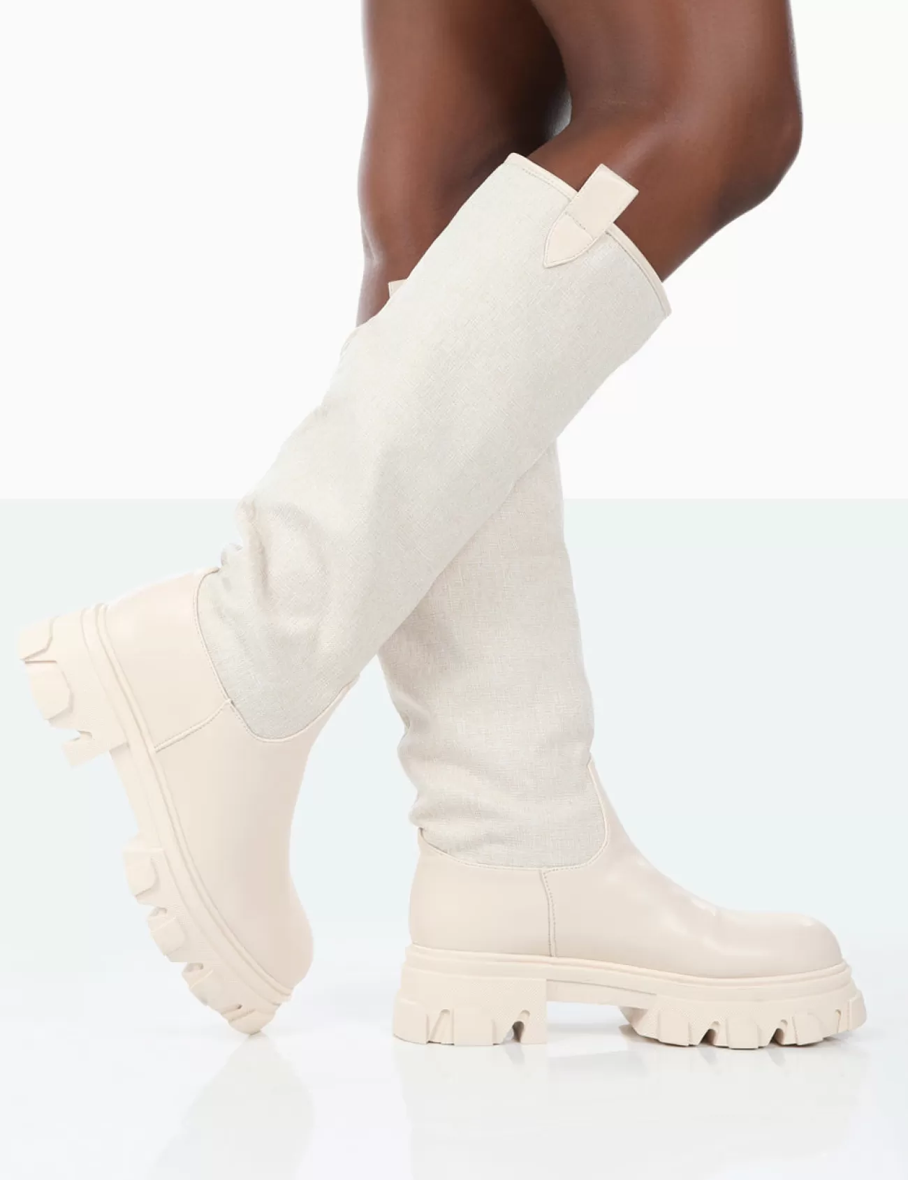 Public Desire Genius Pu Knee High Linen Platform Chunky Sole Boots Ecru Clearance