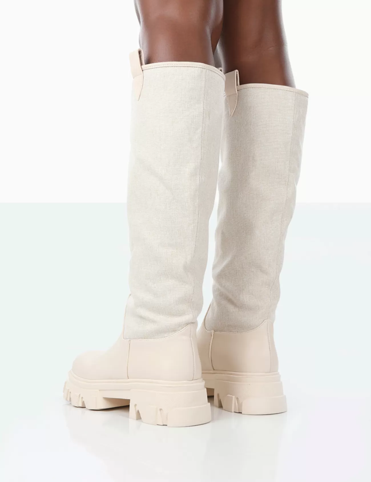 Public Desire Genius Pu Knee High Linen Platform Chunky Sole Boots Ecru Clearance
