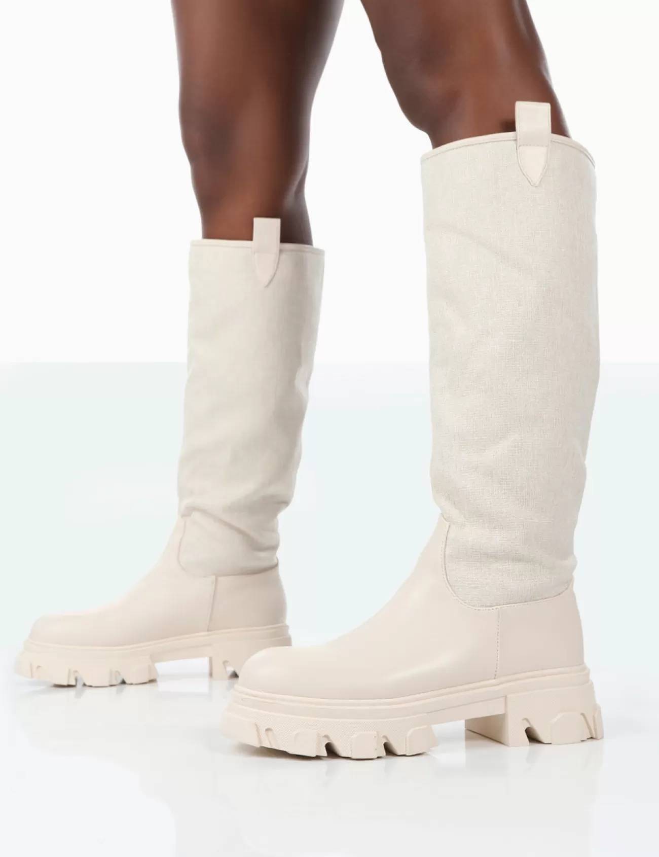 Public Desire Genius Pu Knee High Linen Platform Chunky Sole Boots Ecru Clearance