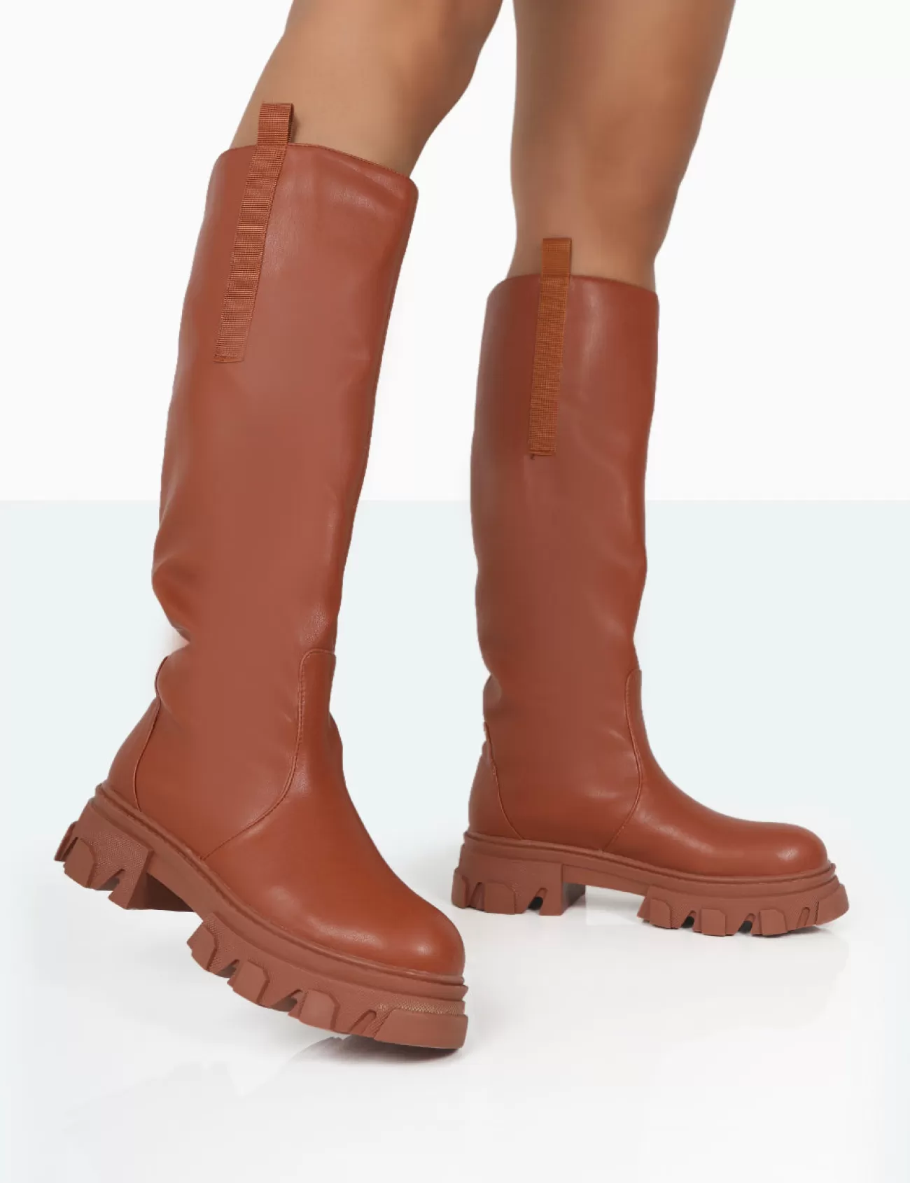 Public Desire Genius Tabacco Pu Knee High Chunky Sole Boots Tan Flash Sale